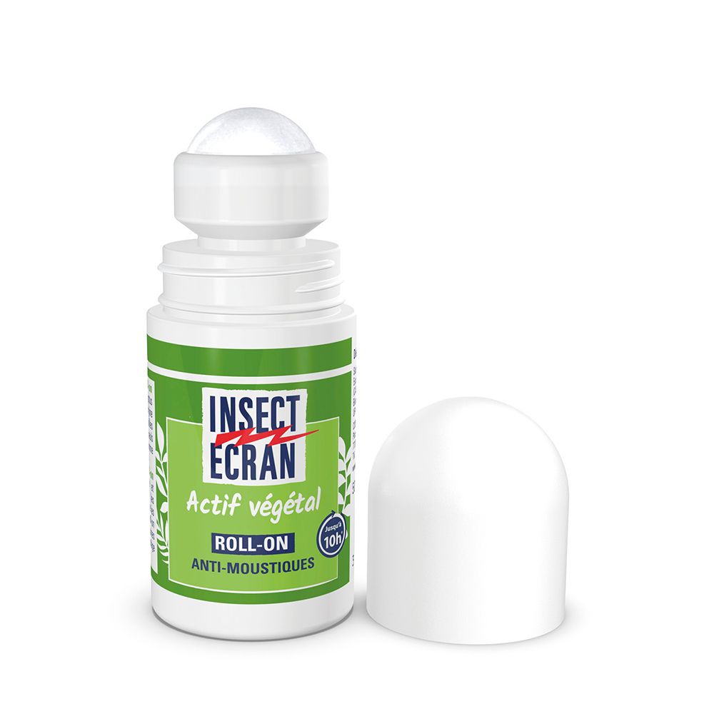 Roll-on blanc avec étiquette verte. Texte: INSECT ECRAN, Actif végétal, ROLL-ON, Anti-Moustiques. Bouchon à côté.