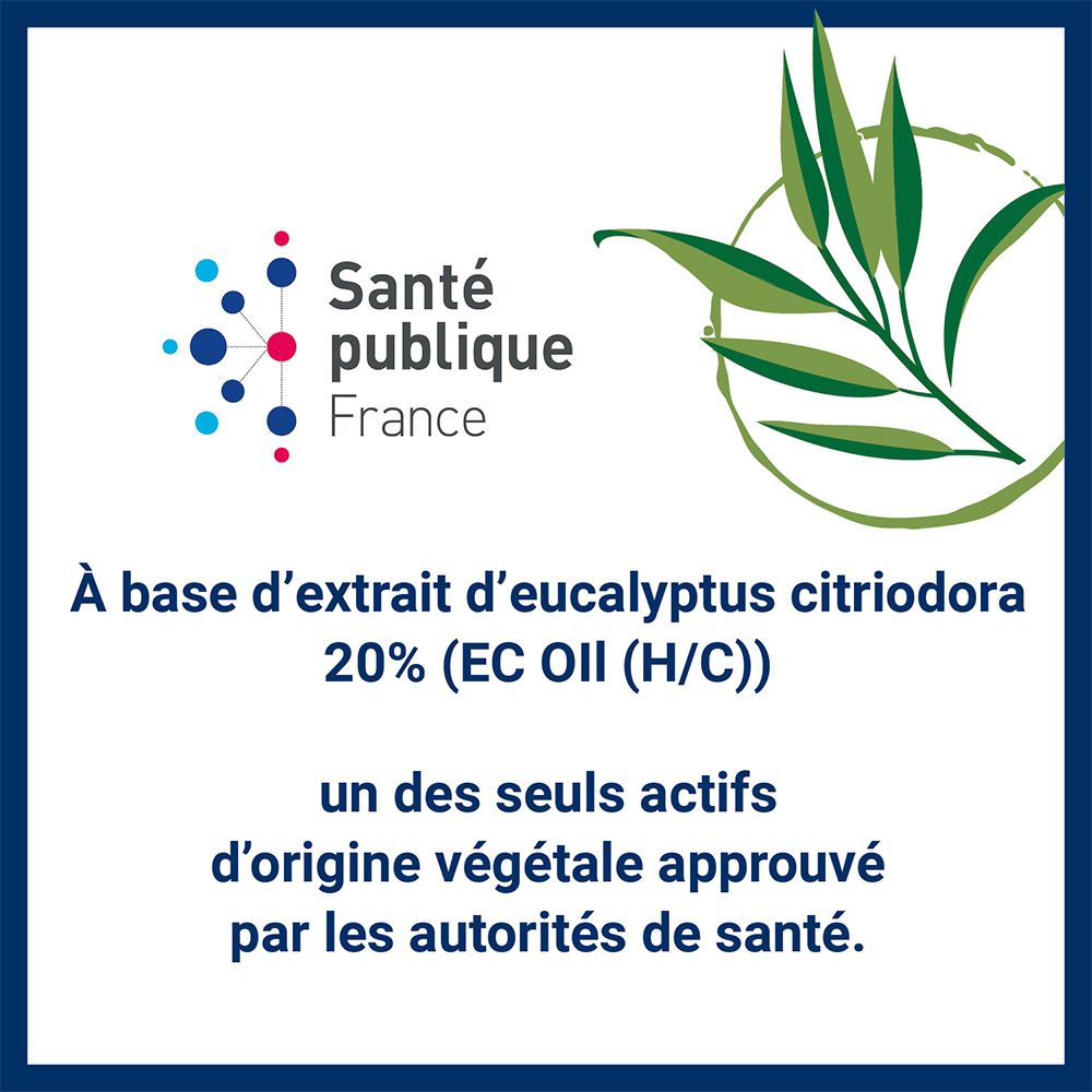 Carré bleu avec texte: Santé publique France. Texte sur l'eucalyptus citriodora. Approuvé par les autorités sanitaires.