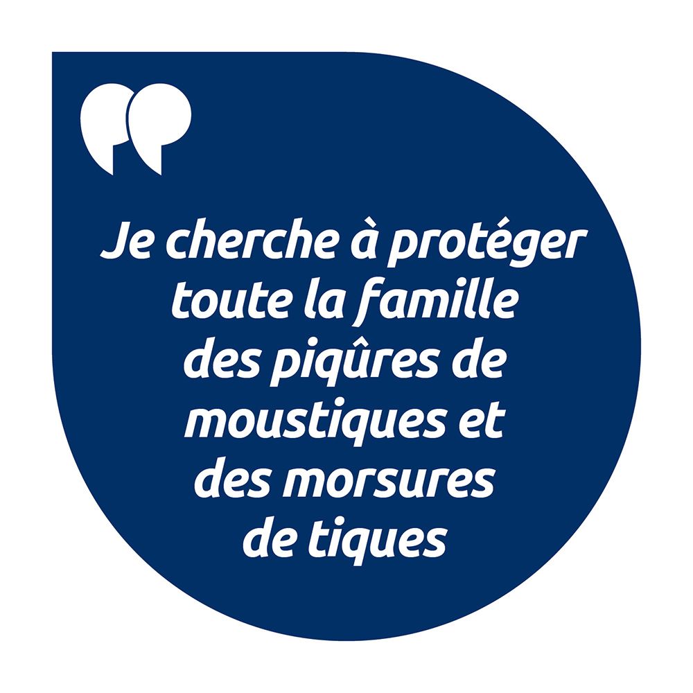 Ovale bleu. Texte: Je cherche à protéger toute la famille des piqûres de moustiques et des morsures de tiques.