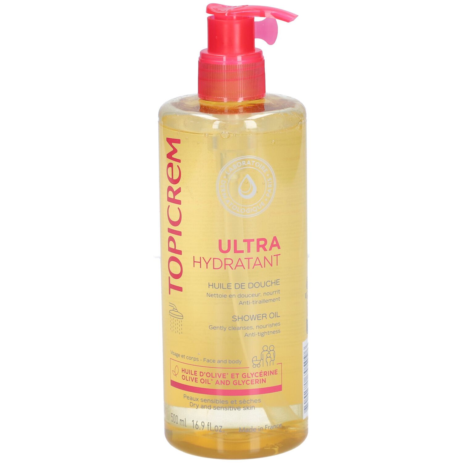 Flacon transparent avec pompe rose. Inscription : TOPICREM, ULTRA HYDRATANT, HUILE DE DOUCHE. Pour peaux sèches.