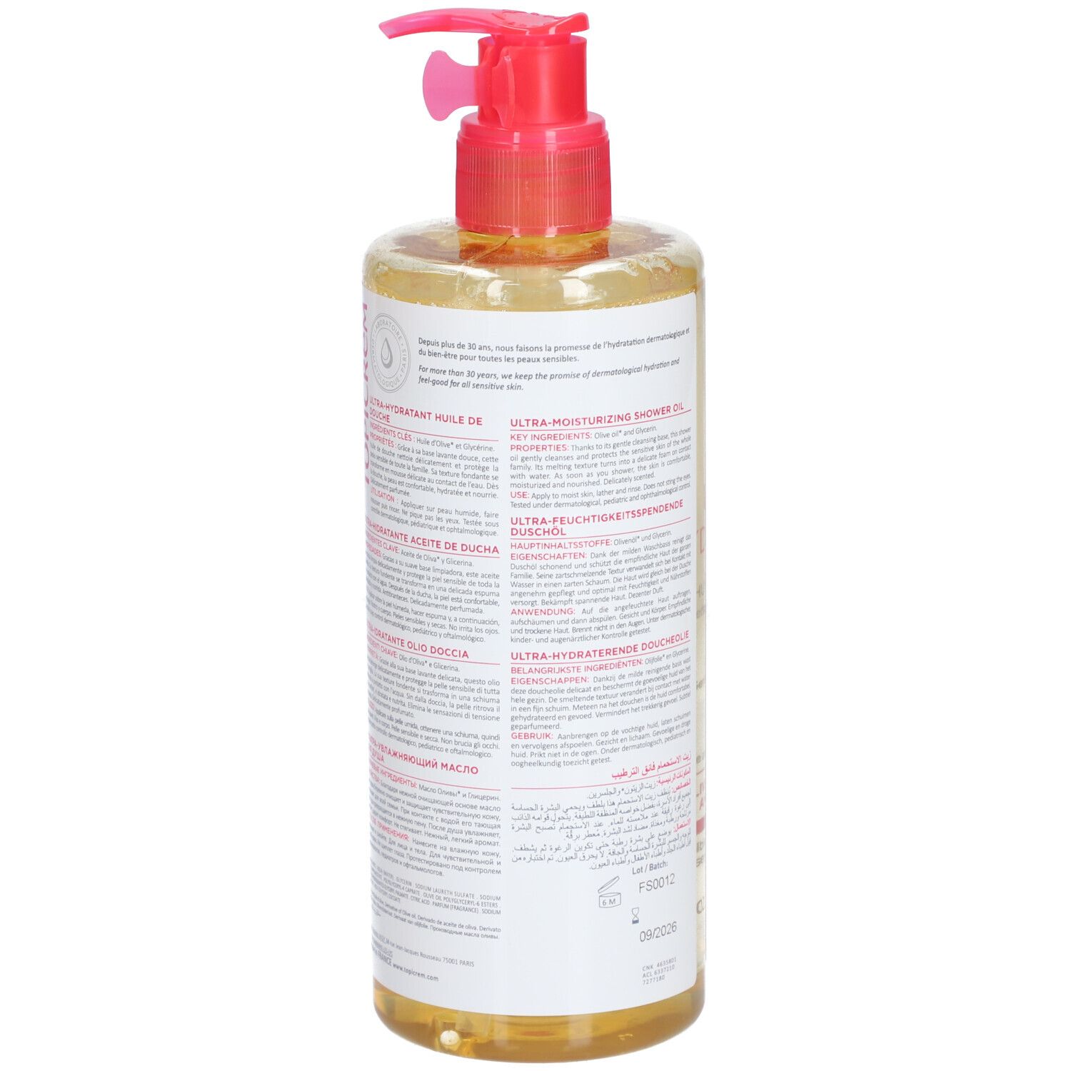 Dos du flacon avec texte. Pompe rose. Informations produit en plusieurs langues. Inscription : TOPICREM.