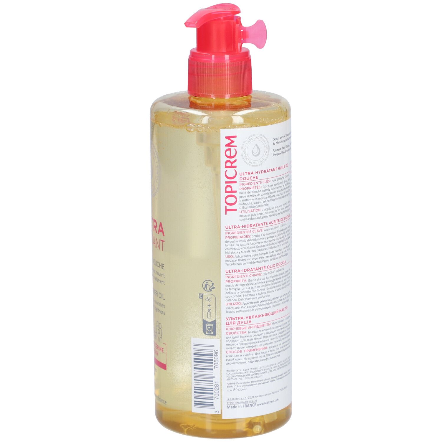 Dos du flacon avec texte. Pompe rose. Informations produit en plusieurs langues. Inscription : TOPICREM.