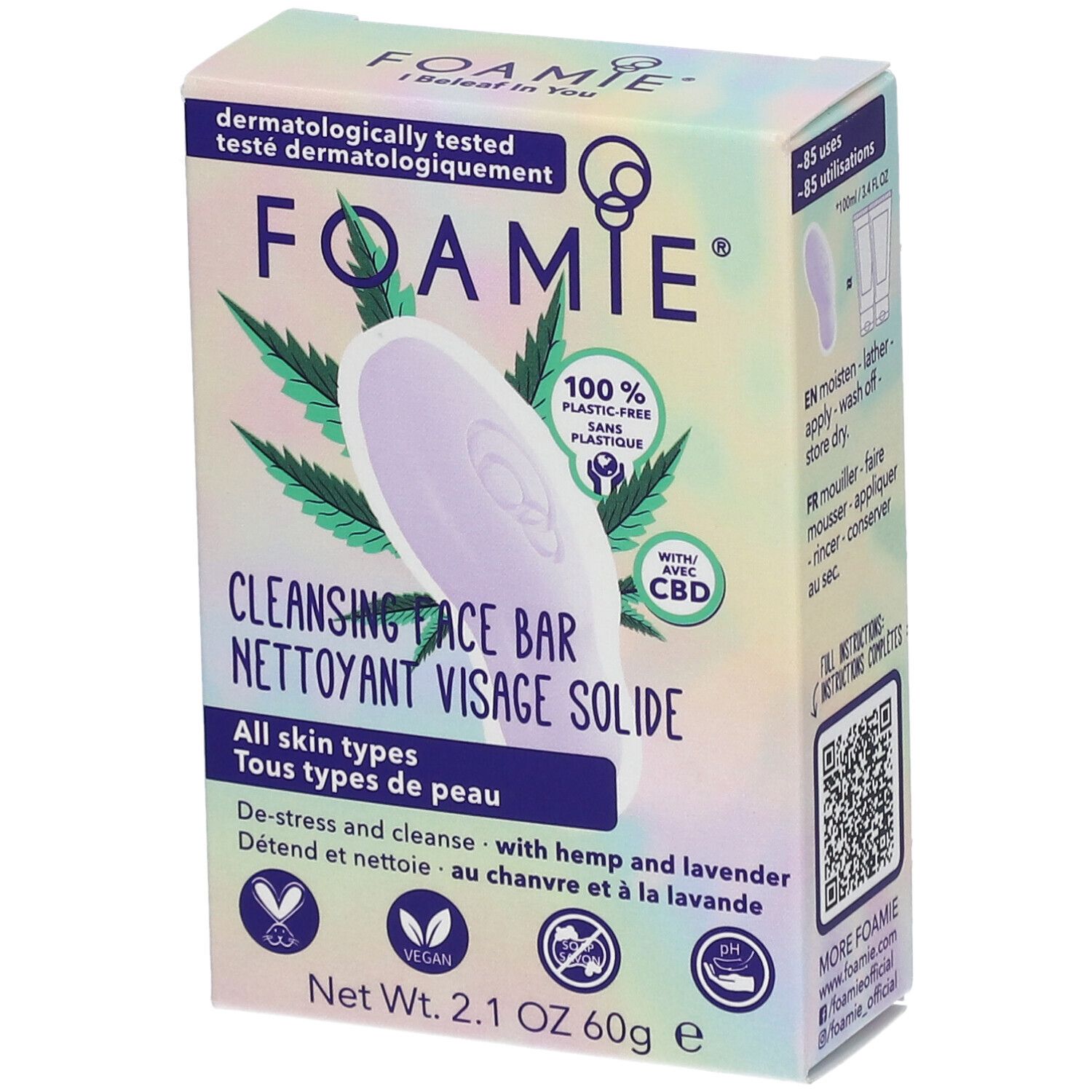 Verpakking met vaste gezichtsreiniger. Bevat CBD, hennep en lavendel. Voor alle huidtypen. 100% plasticvrij.