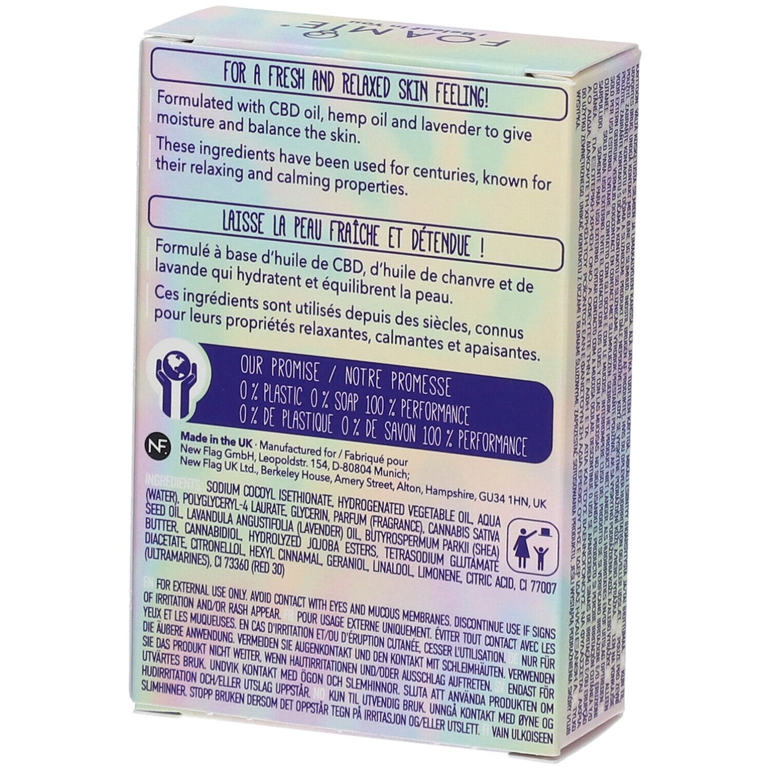 Achterkant van de verpakking met ingrediënten en beloften. Bevat CBD, hennep en lavendel. 100% plasticvrij.