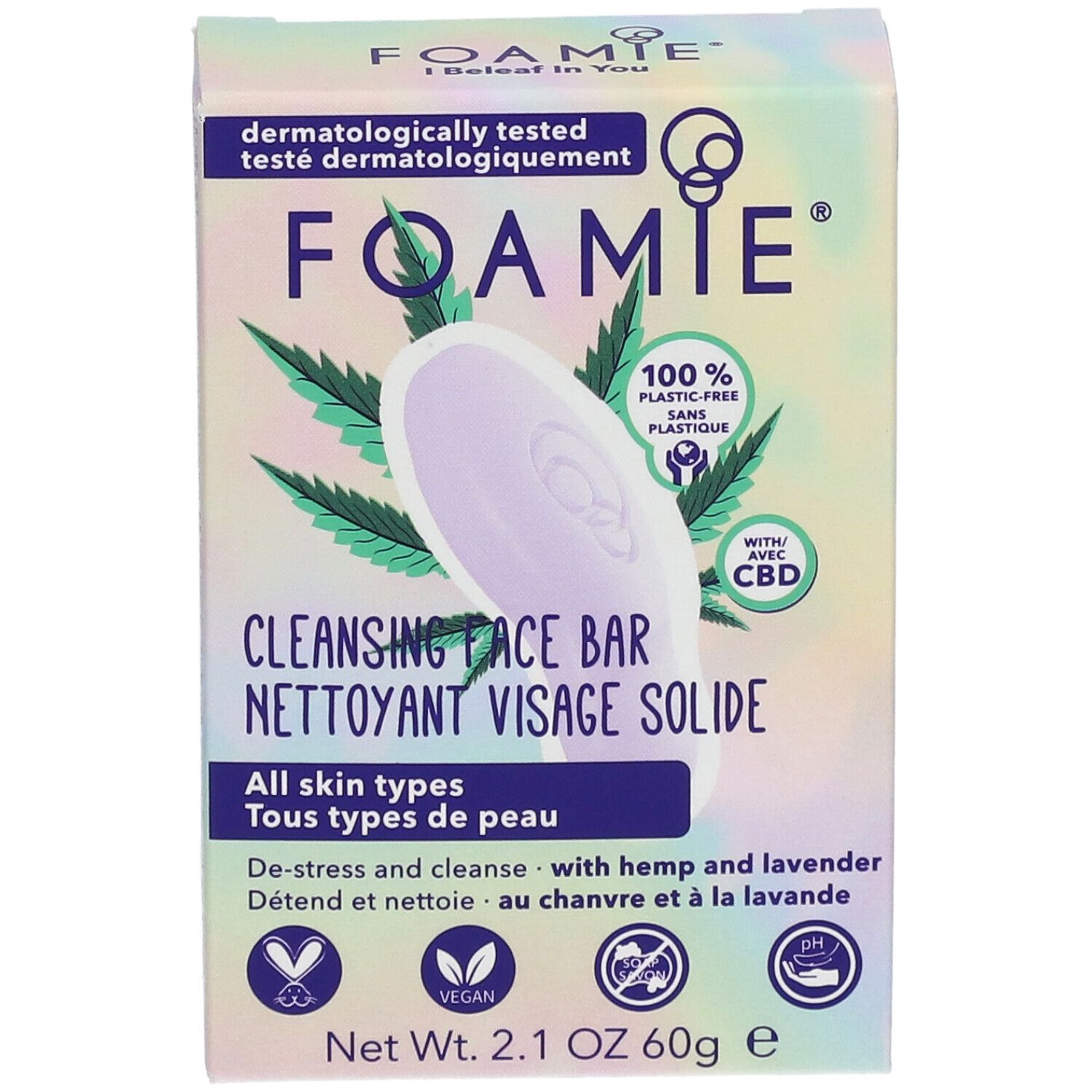 Verpakking met vaste gezichtsreiniger. Bevat CBD, hennep en lavendel. Voor alle huidtypen. 100% plasticvrij.