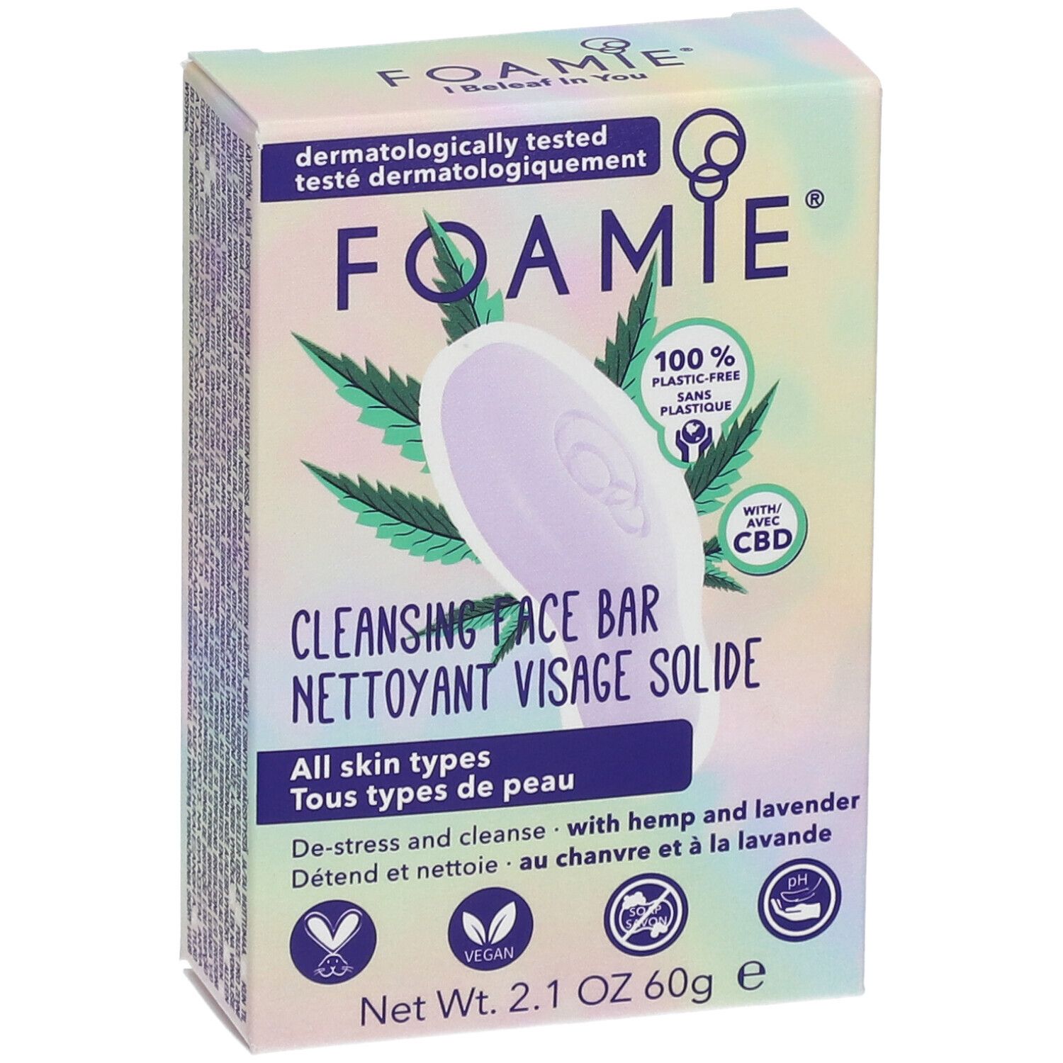 Verpakking met vaste gezichtsreiniger. Bevat CBD, hennep en lavendel. Voor alle huidtypen. 100% plasticvrij.