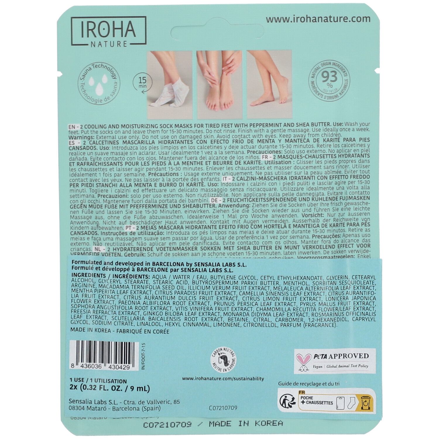 Achterkant van de verpakking met tekst en ingrediënten. Tekst: IROHA NATURE, 2x (0.32 FL. OZ. / 9 ml), vegan, 93.