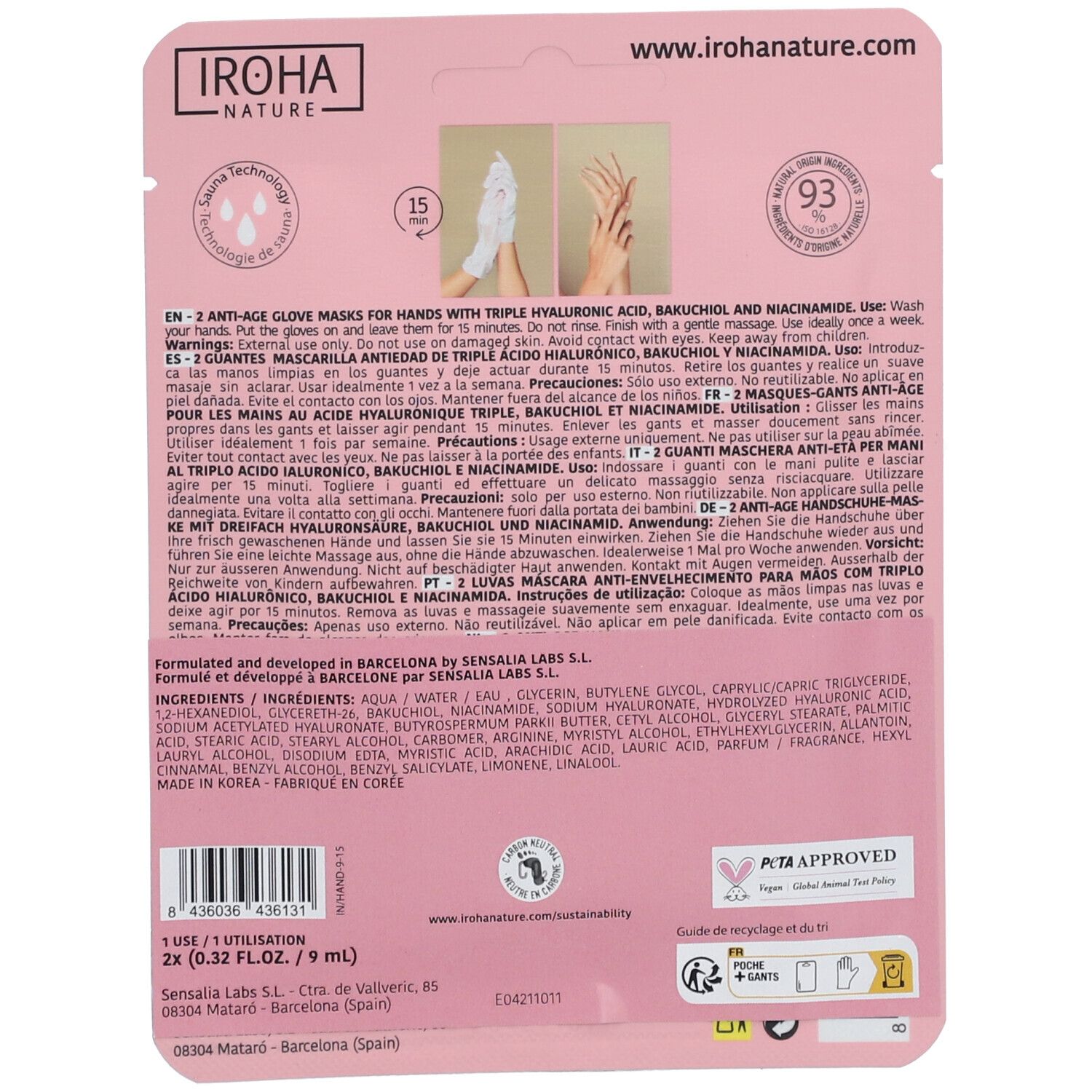 IROHA NATURE Anti-Aging-Handschuhmaske - Dreifache Hyaluronsäure, Bakuchiol und Niacinamid