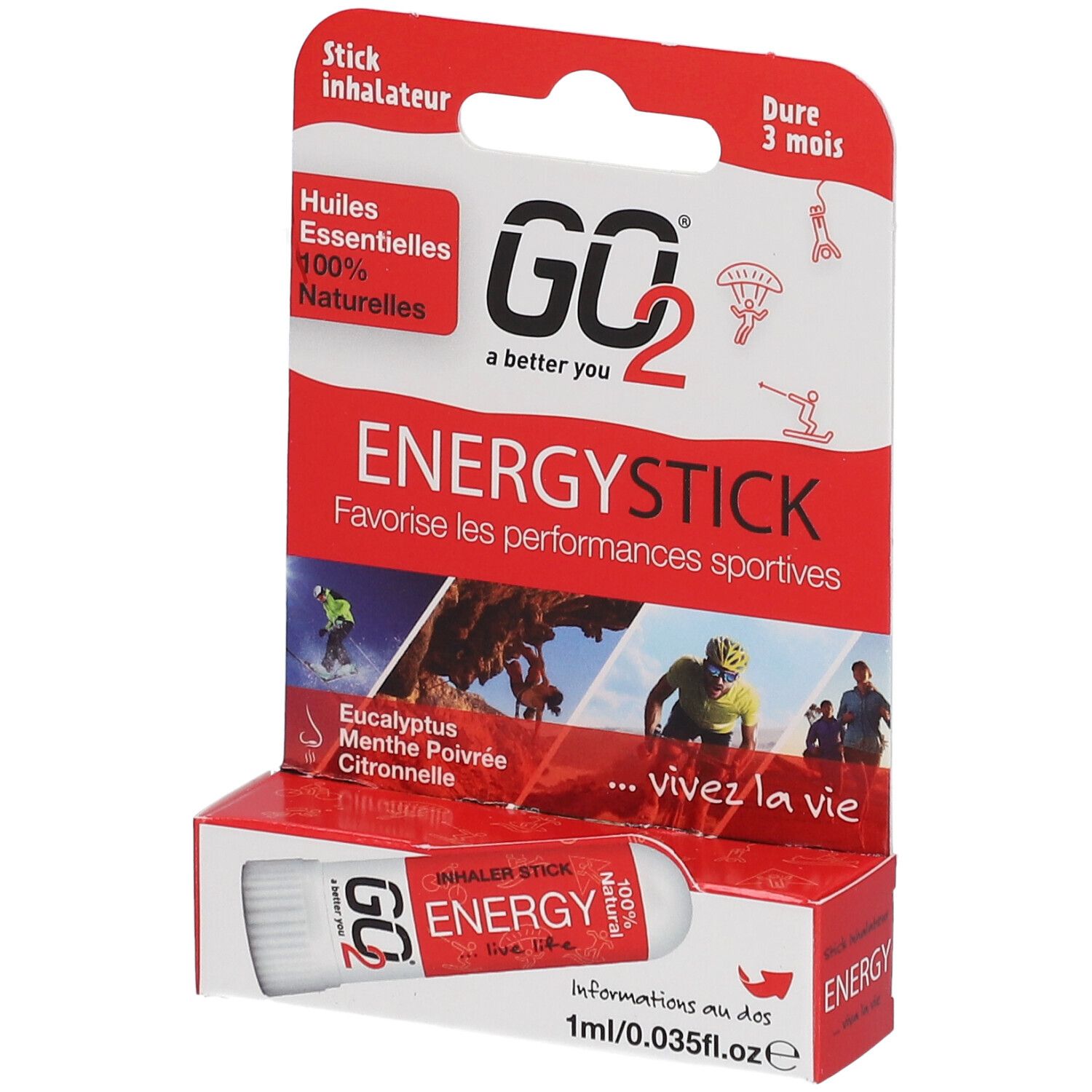 Inhalateur GO2® Energy Stick, emballage rouge. Contient des huiles essentielles 100% naturelles. Durée: 3 mois.