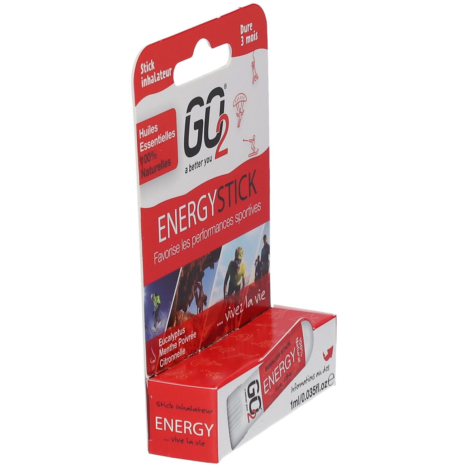 Inhalateur GO2® Energy Stick en emballage rouge, vue latérale. Contient des huiles essentielles 100% naturelles.