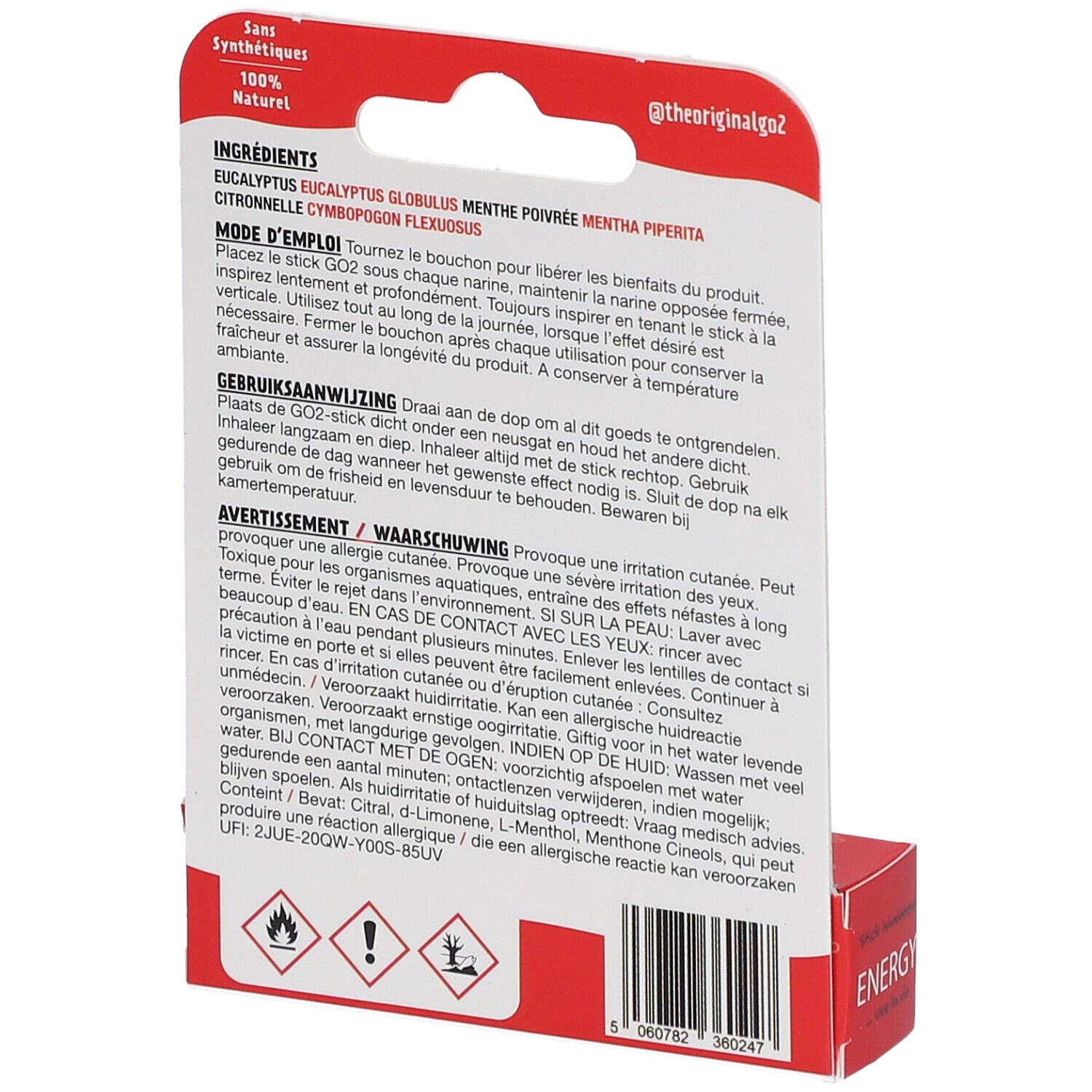 Dos de l'emballage GO2® Energy Stick. Contient des informations sur les ingrédients et les avertissements.