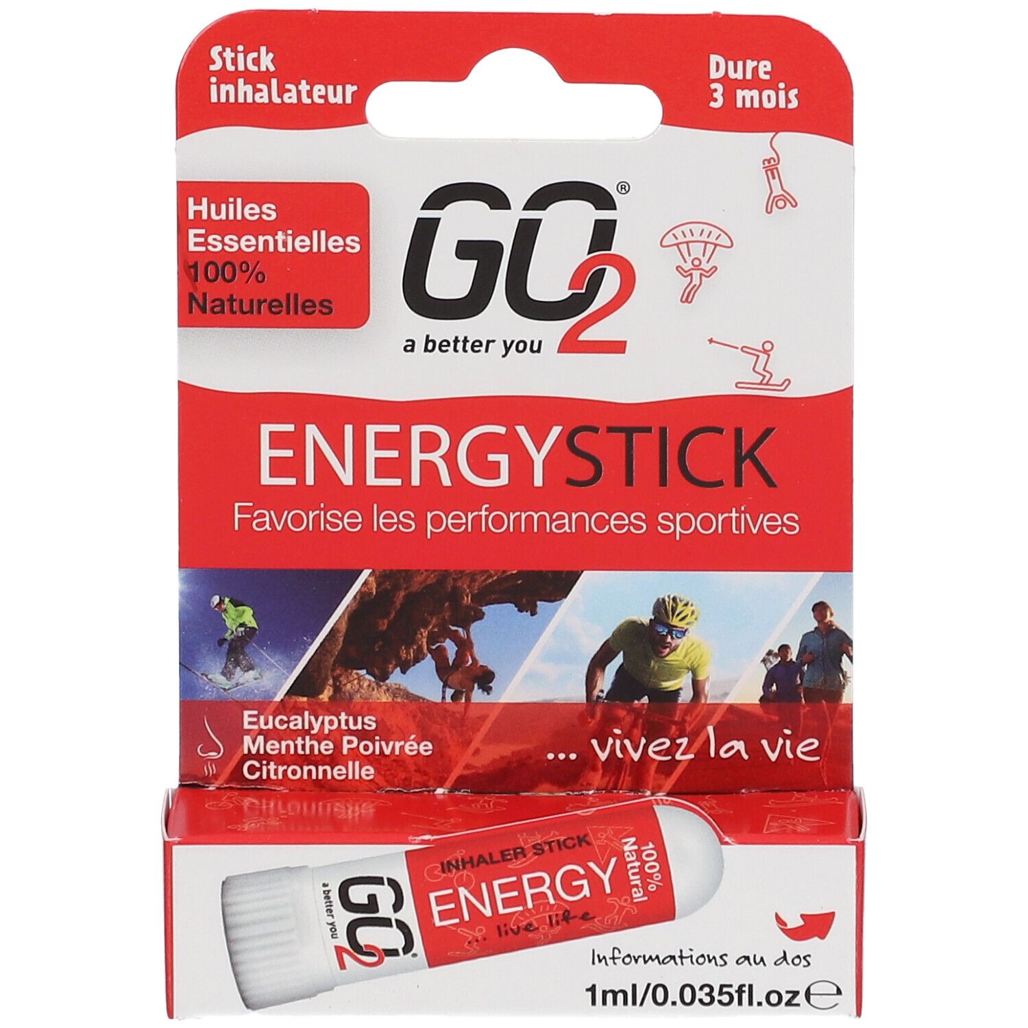 Inhalateur GO2® Energy Stick, emballage rouge. Contient des huiles essentielles 100% naturelles. Durée: 3 mois.