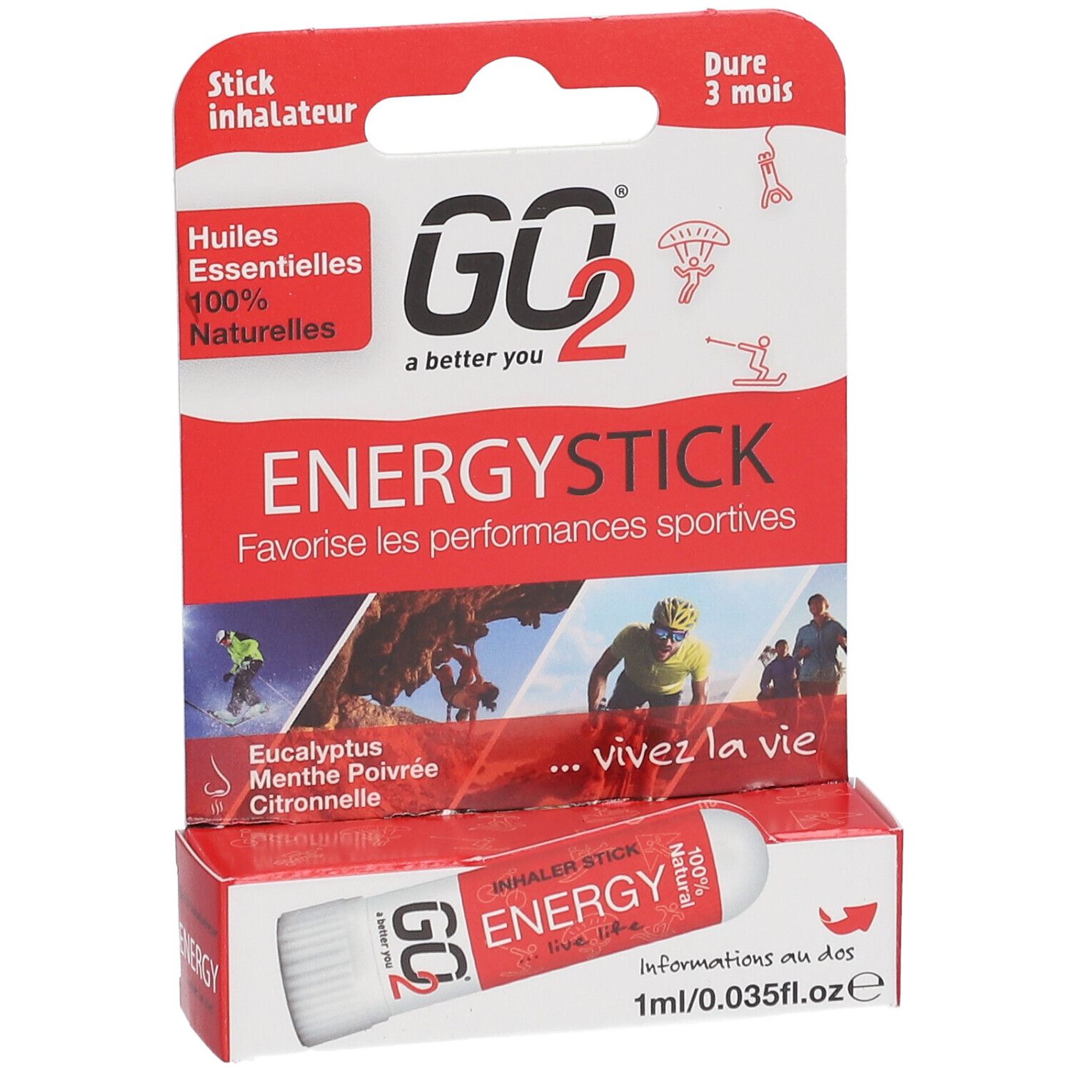 Inhalateur GO2® Energy Stick, emballage rouge. Contient des huiles essentielles 100% naturelles. Durée: 3 mois.