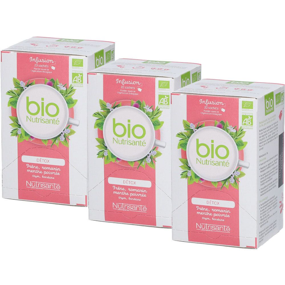 Trois boîtes de thé. Inscription: bio Nutrisanté, Detox, label AB. Éléments roses et verts.