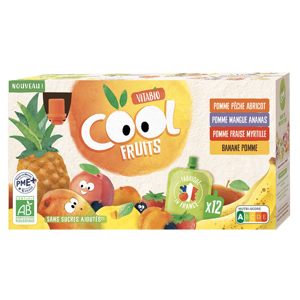 Boîte Vitabio COOL FRUITS. Ingrédients : 4 recettes, sans sucres ajoutés, 12 sachets. Labels AB bio et Nutri-Score.