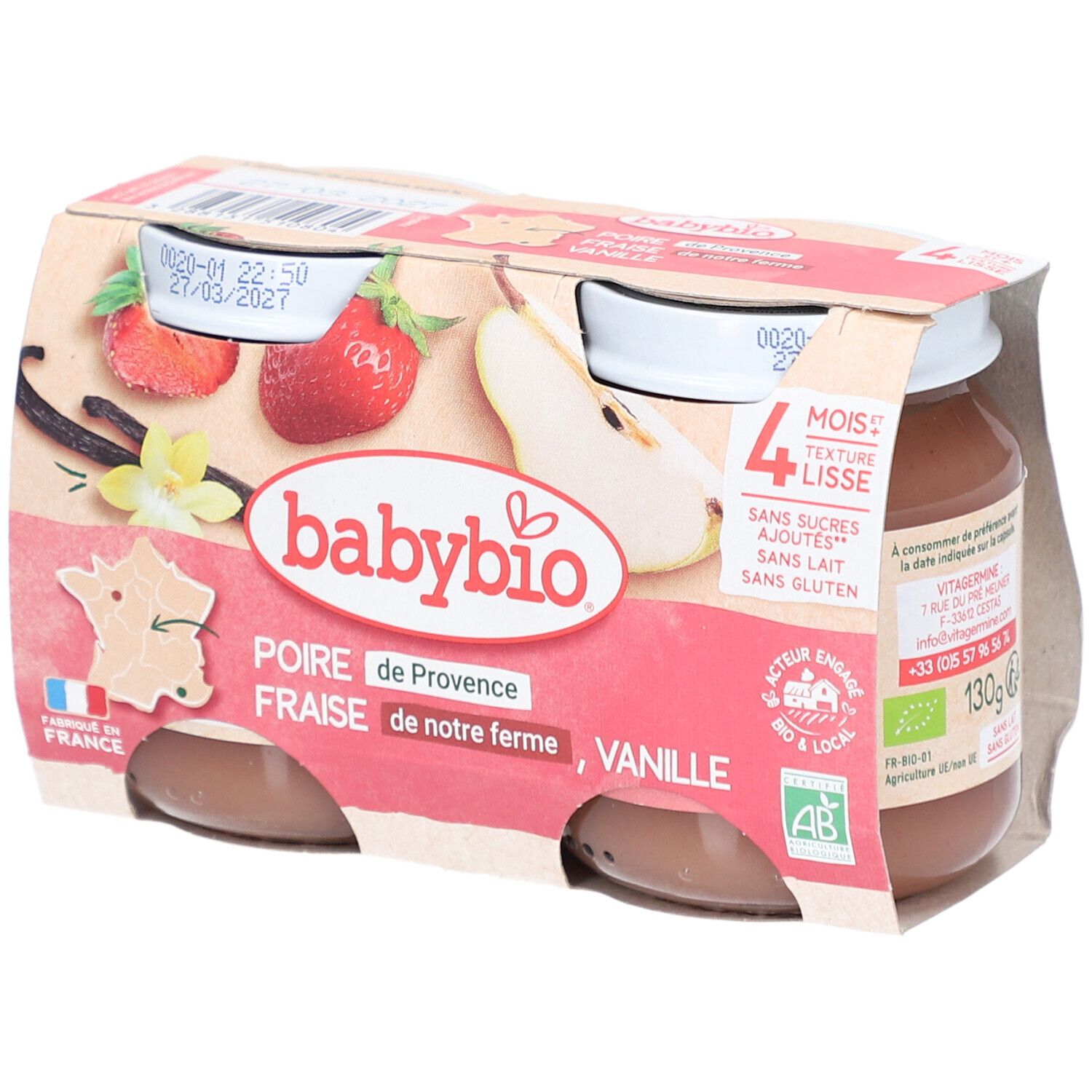 Emballage de quatre pots Babybio. Inscriptions: poire, fraise, vanille. Labels bio, sans sucres ajoutés, sans lait, sans gluten.