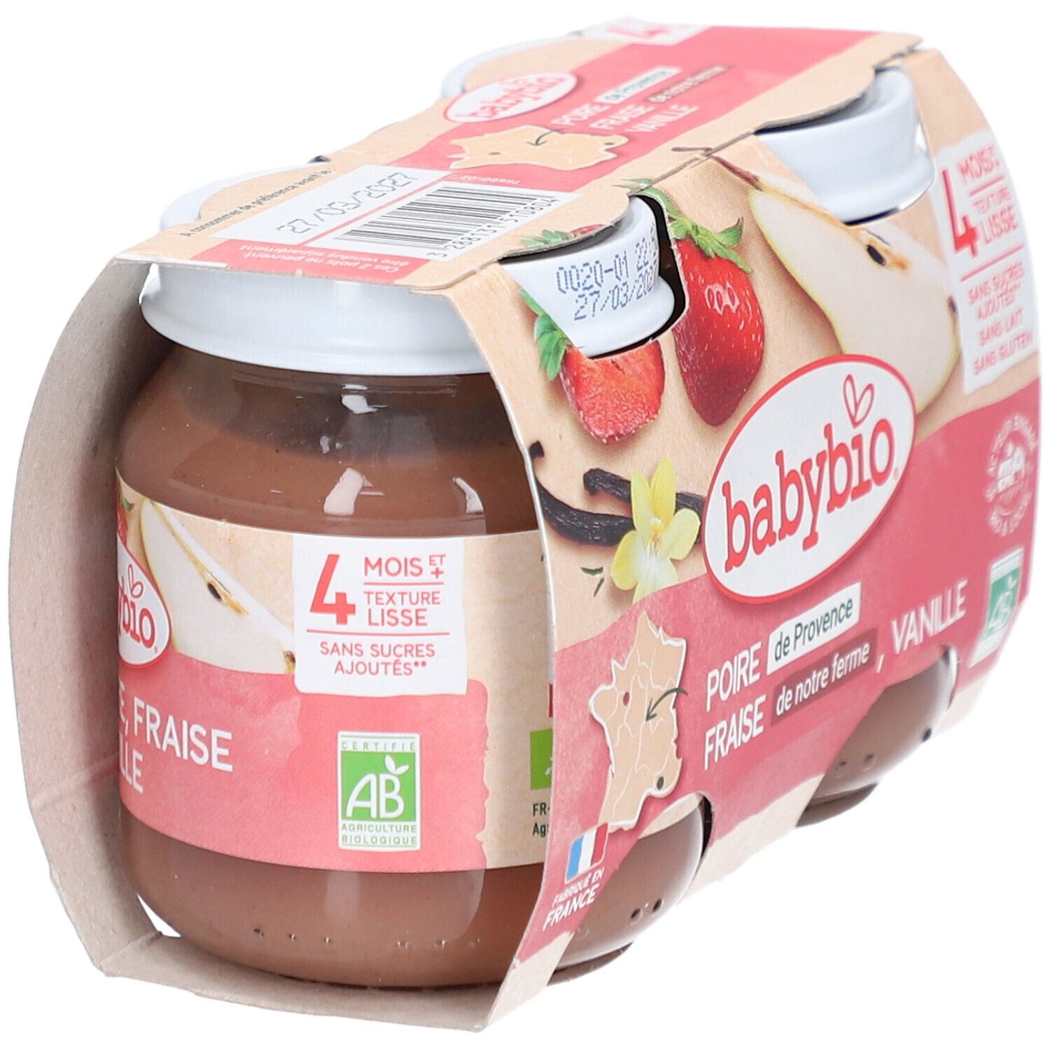 Emballage de quatre pots Babybio. Inscriptions: poire, fraise, vanille. Labels bio, sans sucres ajoutés, sans lait, sans gluten.