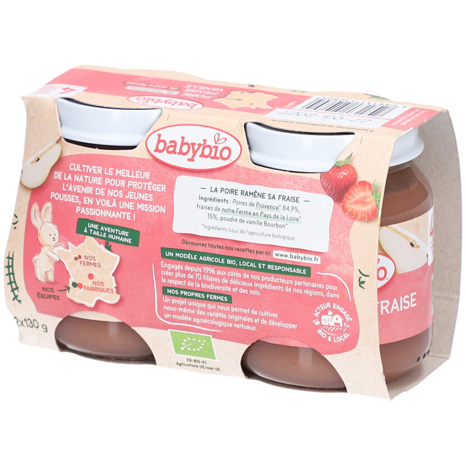 Emballage de quatre pots Babybio. Inscriptions: poire, fraise, vanille. Labels bio, sans sucres ajoutés, sans lait, sans gluten.