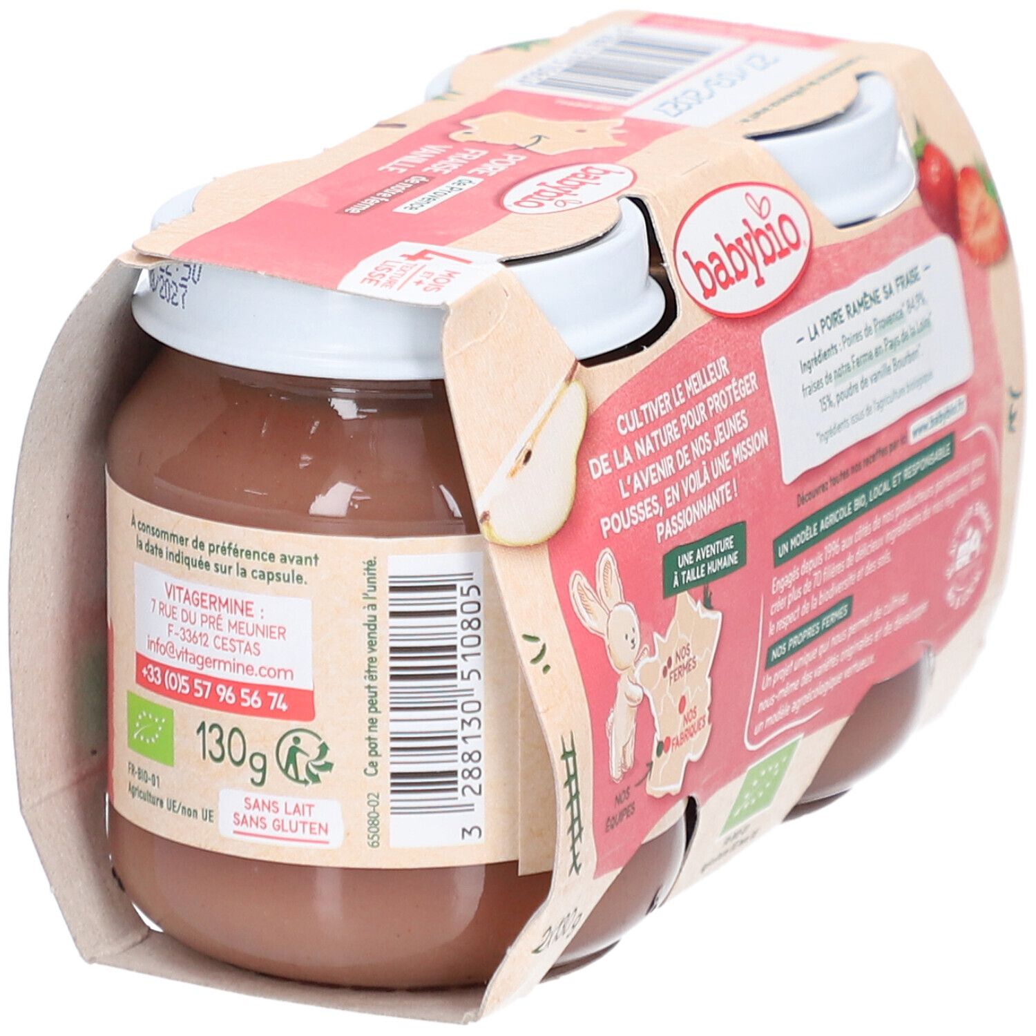 Emballage de quatre pots Babybio. Inscriptions: poire, fraise, vanille. Labels bio, sans sucres ajoutés, sans lait, sans gluten.
