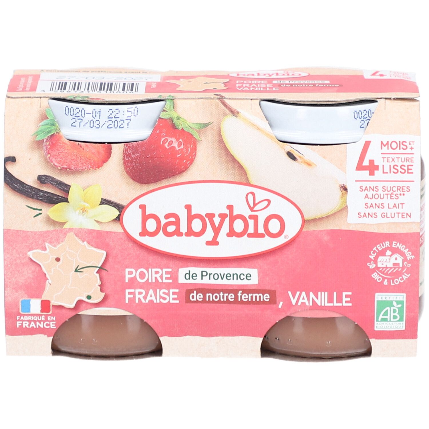 Emballage de quatre pots Babybio. Inscriptions: poire, fraise, vanille. Labels bio, sans sucres ajoutés, sans lait, sans gluten.