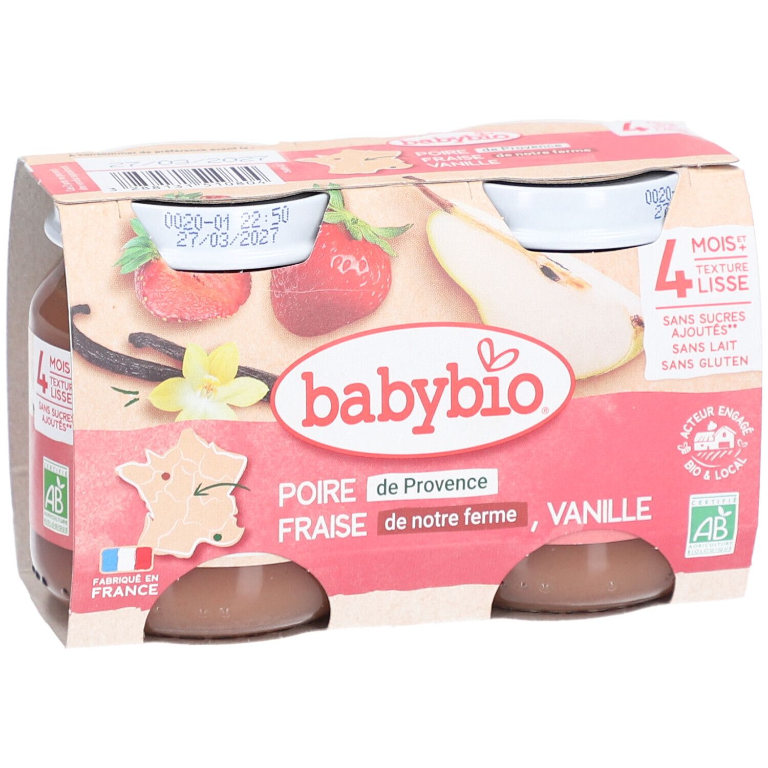 Emballage de quatre pots Babybio. Inscriptions: poire, fraise, vanille. Labels bio, sans sucres ajoutés, sans lait, sans gluten.