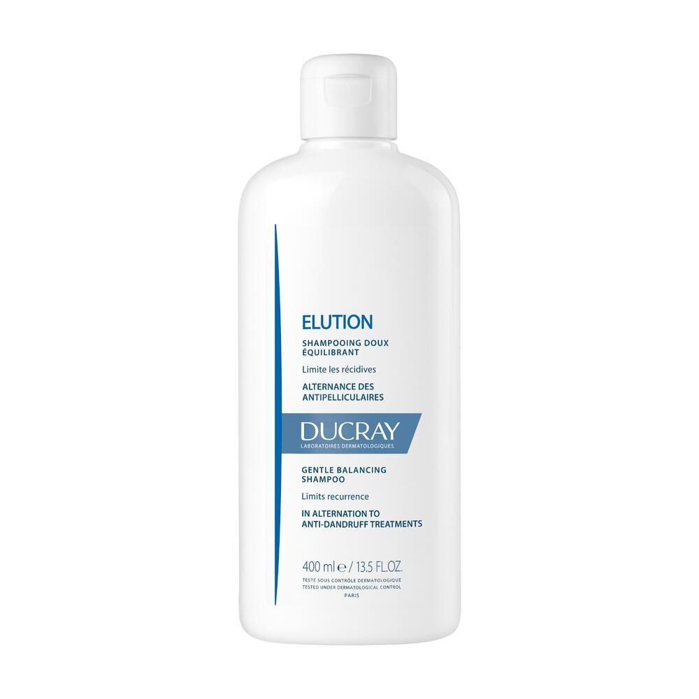 Flacon blanc avec étiquette bleue. Inscription: Elution, Shampooing Doux équilibrant, Ducray. 400 ml.