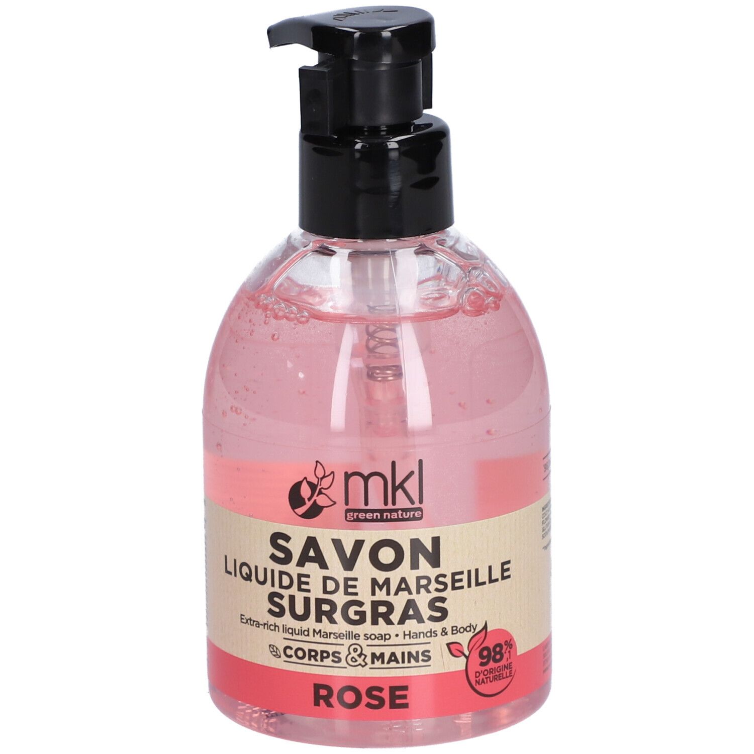 Savon liquide rose avec pompe noire. Inscription: Savon Liquide de Marseille Surgras, Corps & Mains.