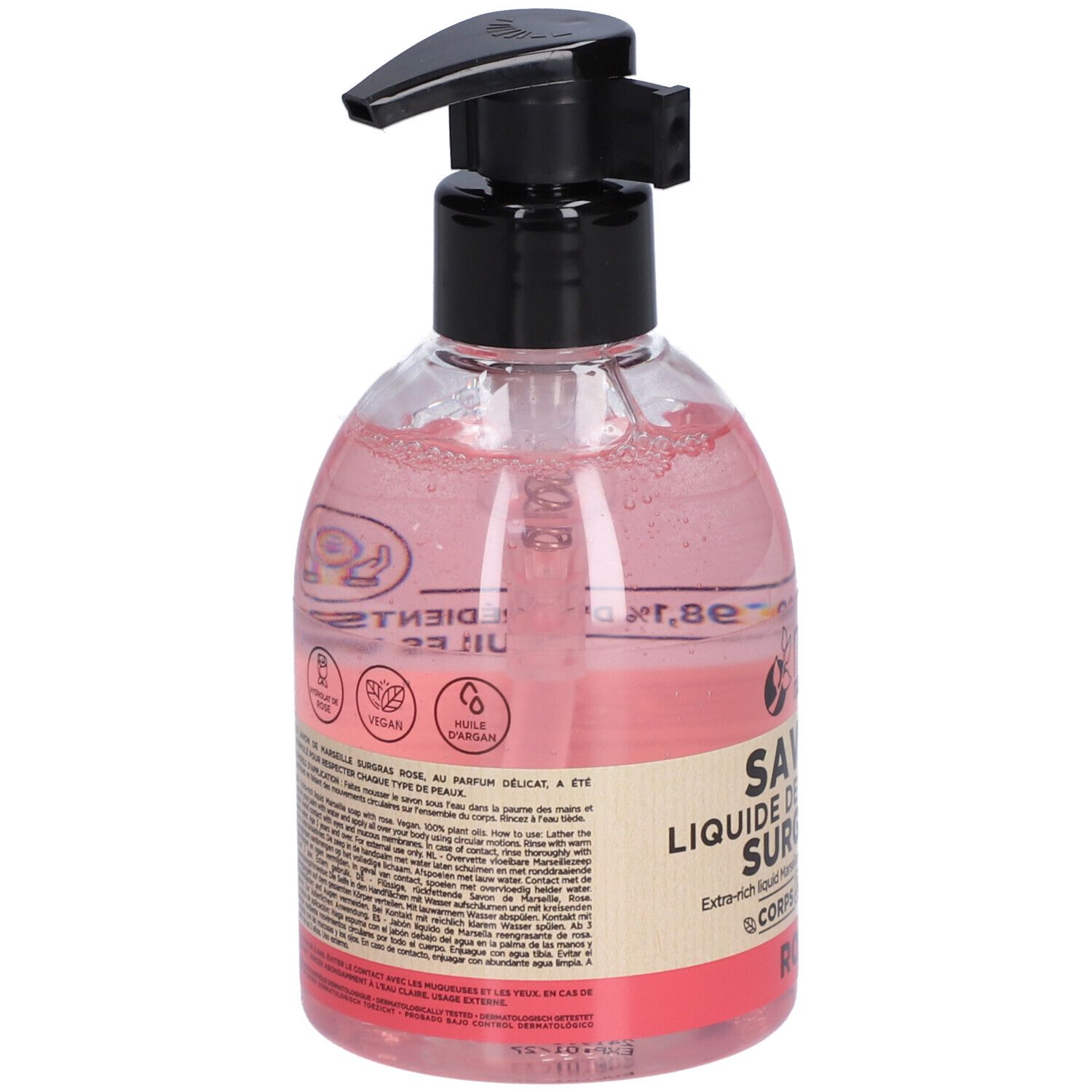 Savon liquide rose avec pompe noire. Dos avec texte et symboles. Inscription: Savon Liquide de Marseille Surgras.