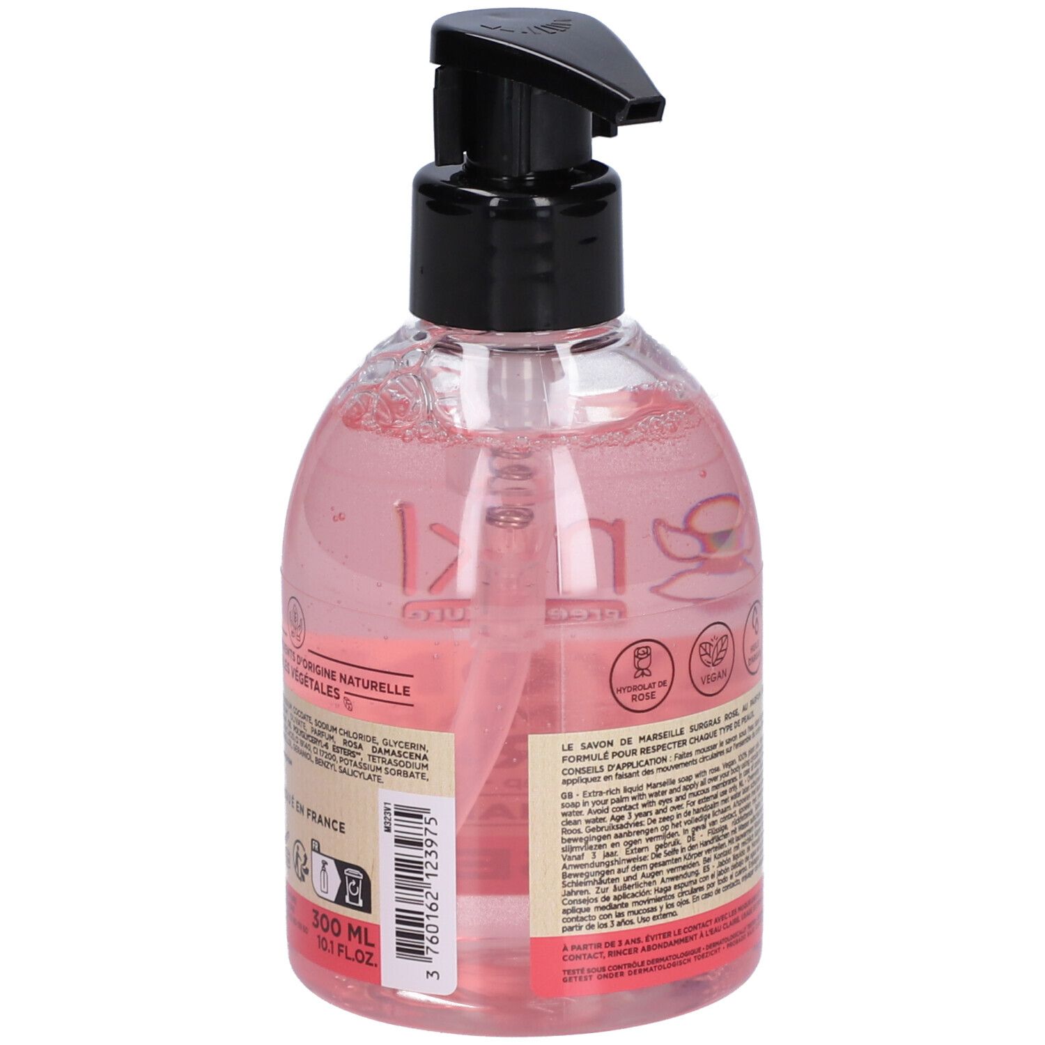 Savon liquide rose avec pompe noire. Dos avec texte et symboles. Inscription: Savon Liquide de Marseille Surgras.