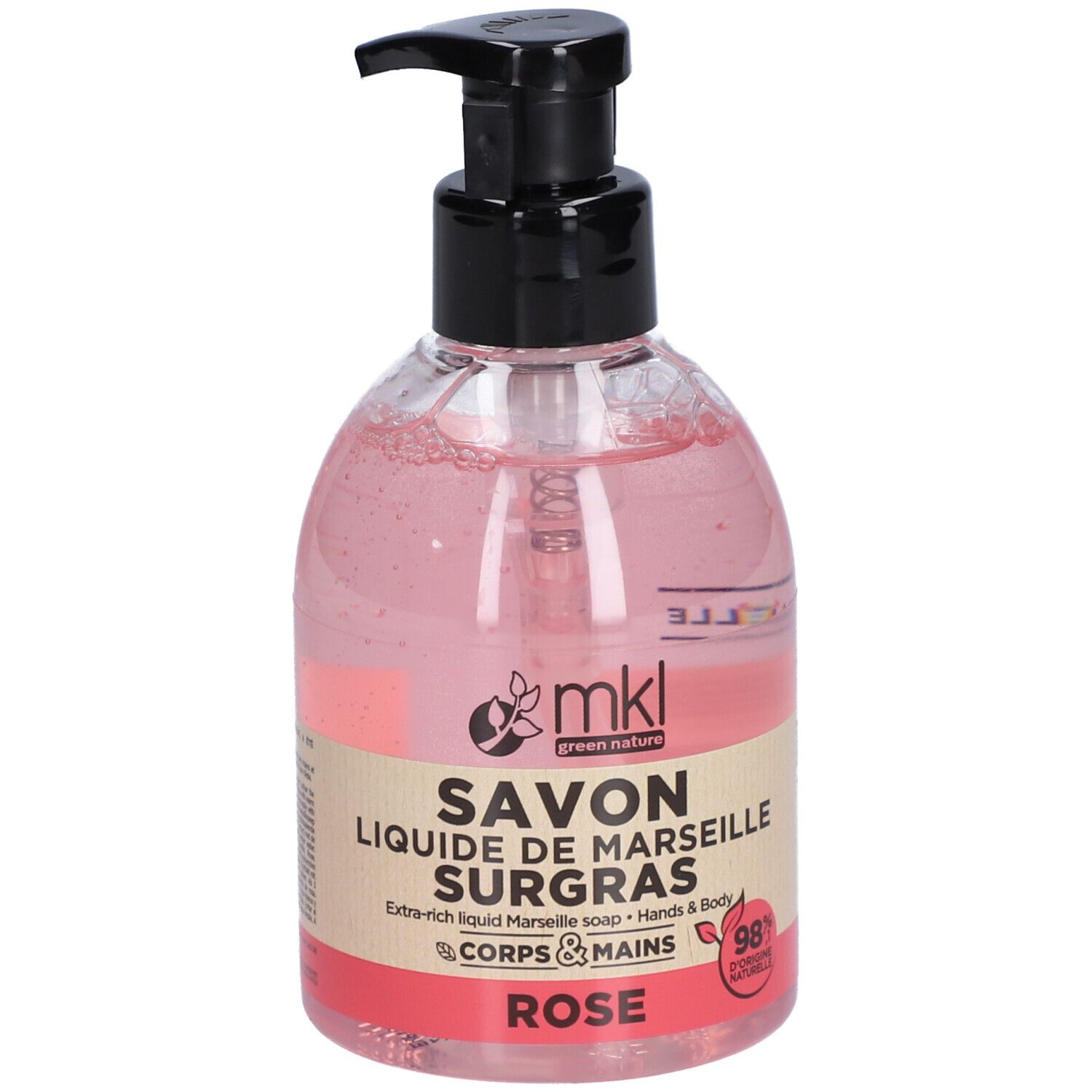 Savon liquide rose avec pompe noire. Inscription: Savon Liquide de Marseille Surgras, Corps & Mains.