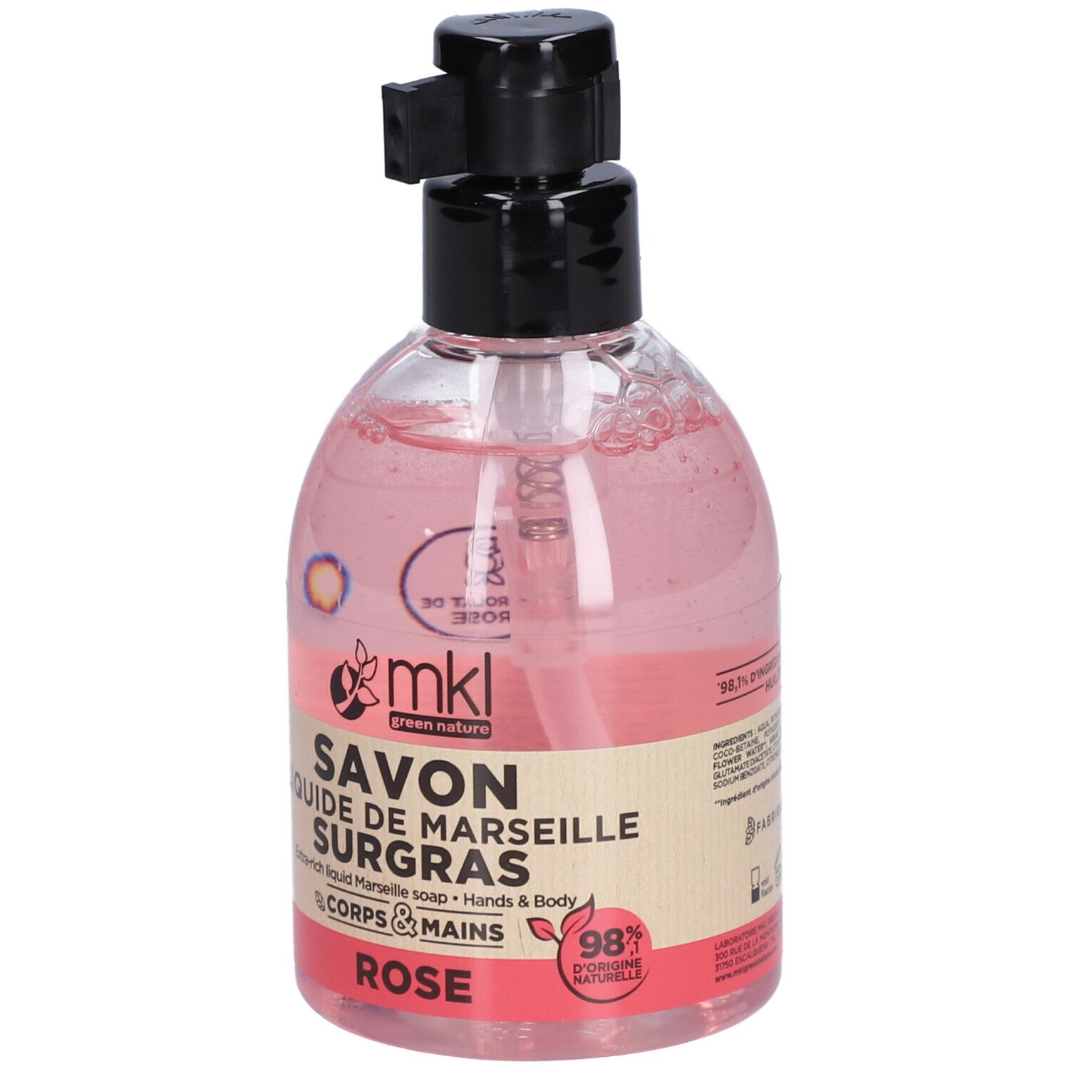Savon liquide rose avec pompe noire. Inscription: Savon Liquide de Marseille Surgras, Corps & Mains.