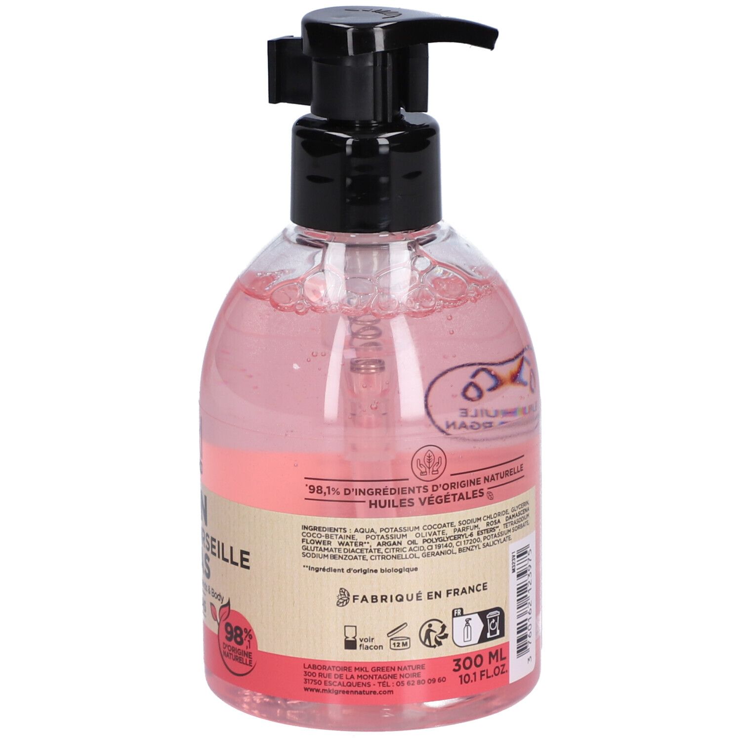 Savon liquide rose avec pompe noire. Dos avec texte et symboles. Inscription: Savon Liquide de Marseille Surgras.