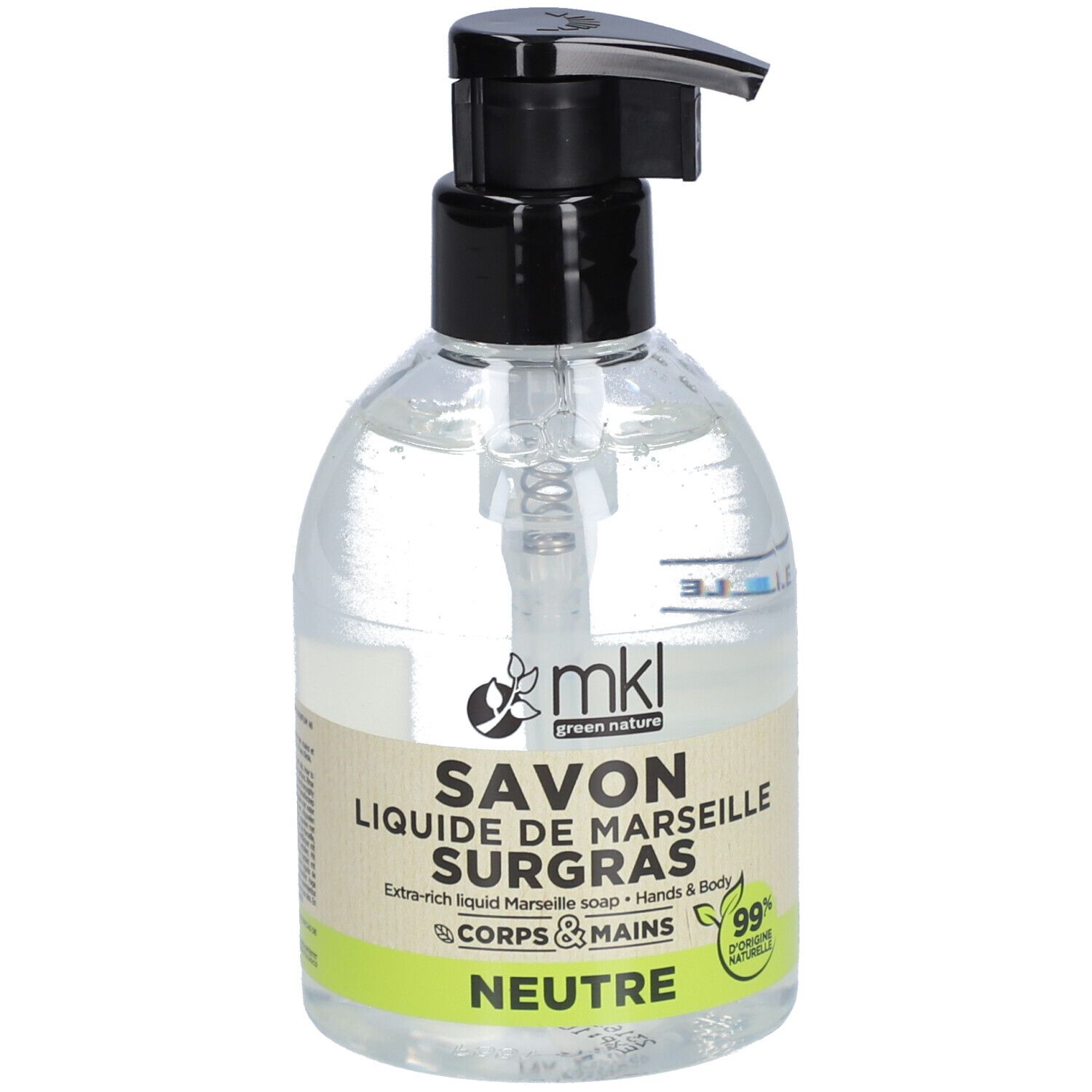 Savon liquide transparent en flacon avec pompe noire. Inscription : Savon Liquide de Marseille Surgras Neutre.
