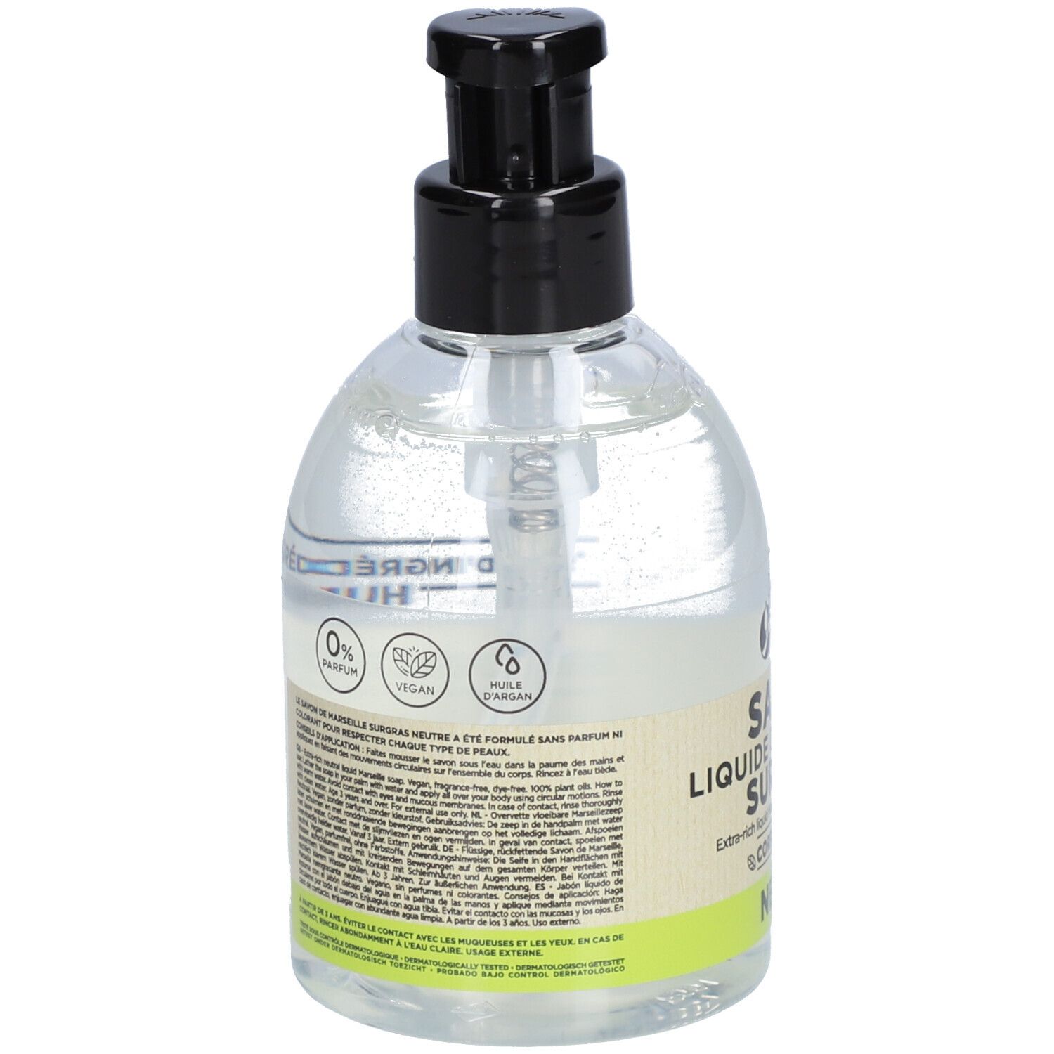 Dos du flacon de savon liquide. Texte : Savon de Marseille Neutre. Certifications vegan et huile. Description textuelle du produit.