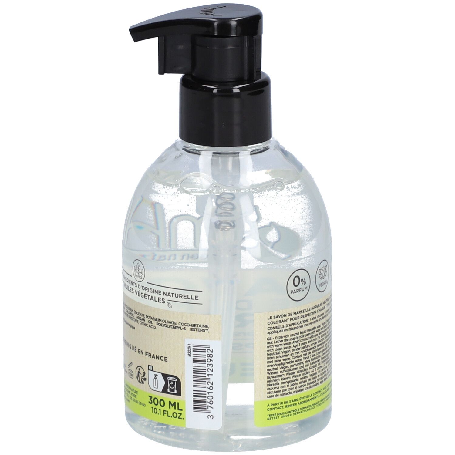 Vue arrière du flacon de savon liquide. Texte : Savon de Marseille Neutre. Volume : 300 ml. Fabriqué en France.