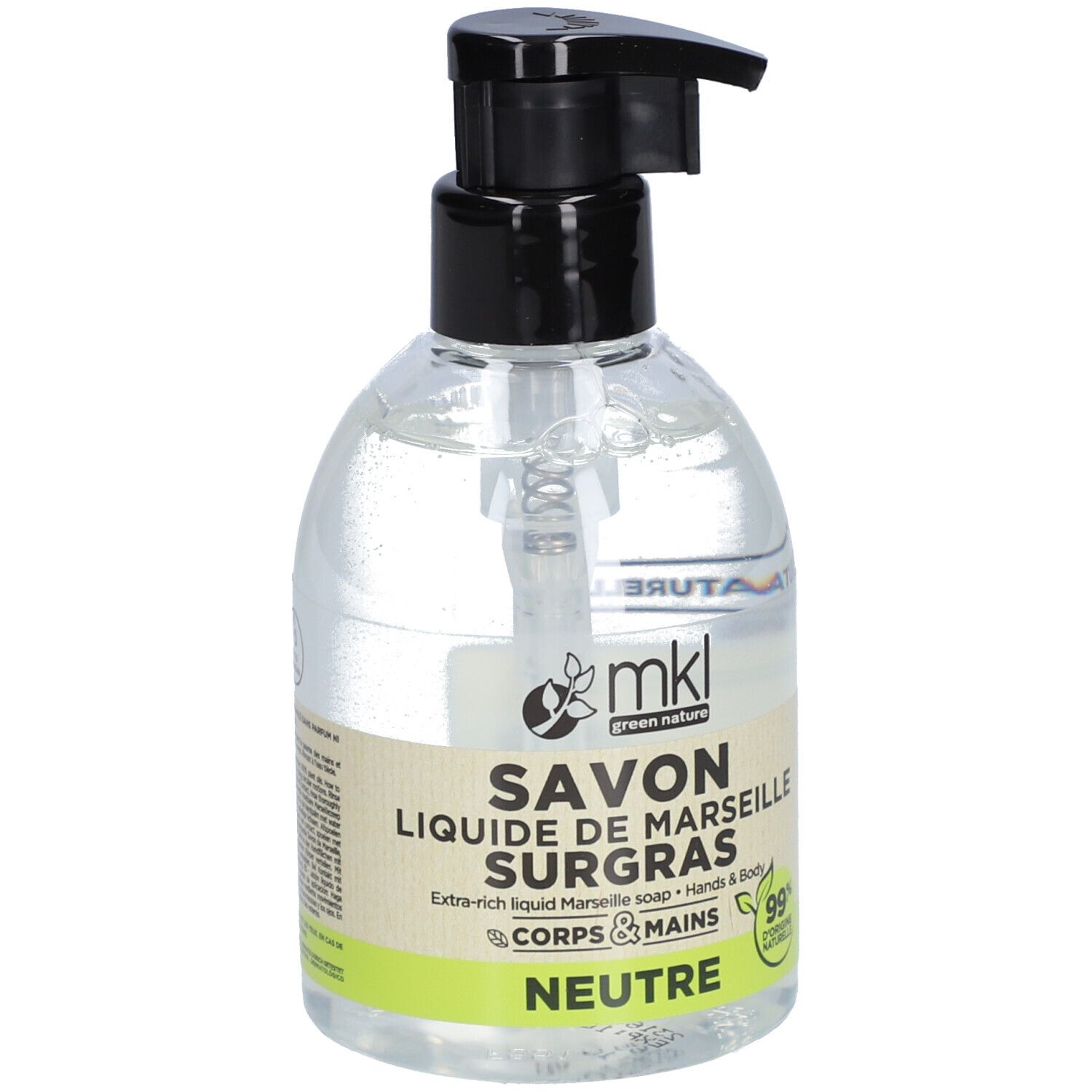 Savon liquide en flacon avec pompe noire. Inscription : Savon Liquide de Marseille Surgras Neutre. Logo : mkl green nature.
