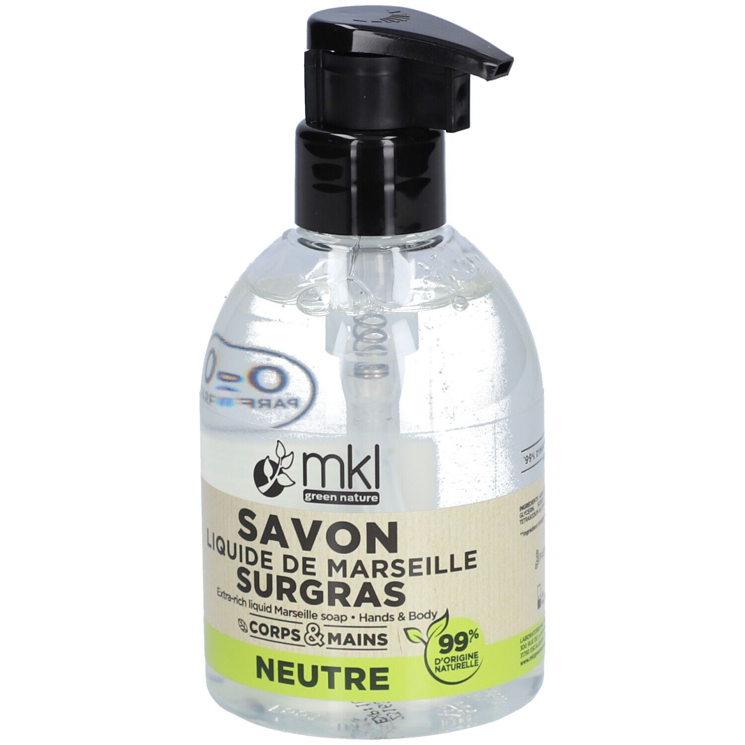 Savon liquide en flacon avec pompe noire. Inscription : Savon Liquide de Marseille Surgras Neutre. Logo : mkl green nature.