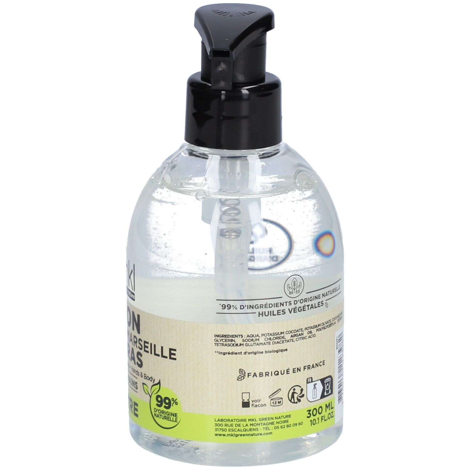 Savon liquide en flacon avec pompe noire. Inscription : Savon Liquide de Marseille Surgras Neutre. Volume : 300 ml.
