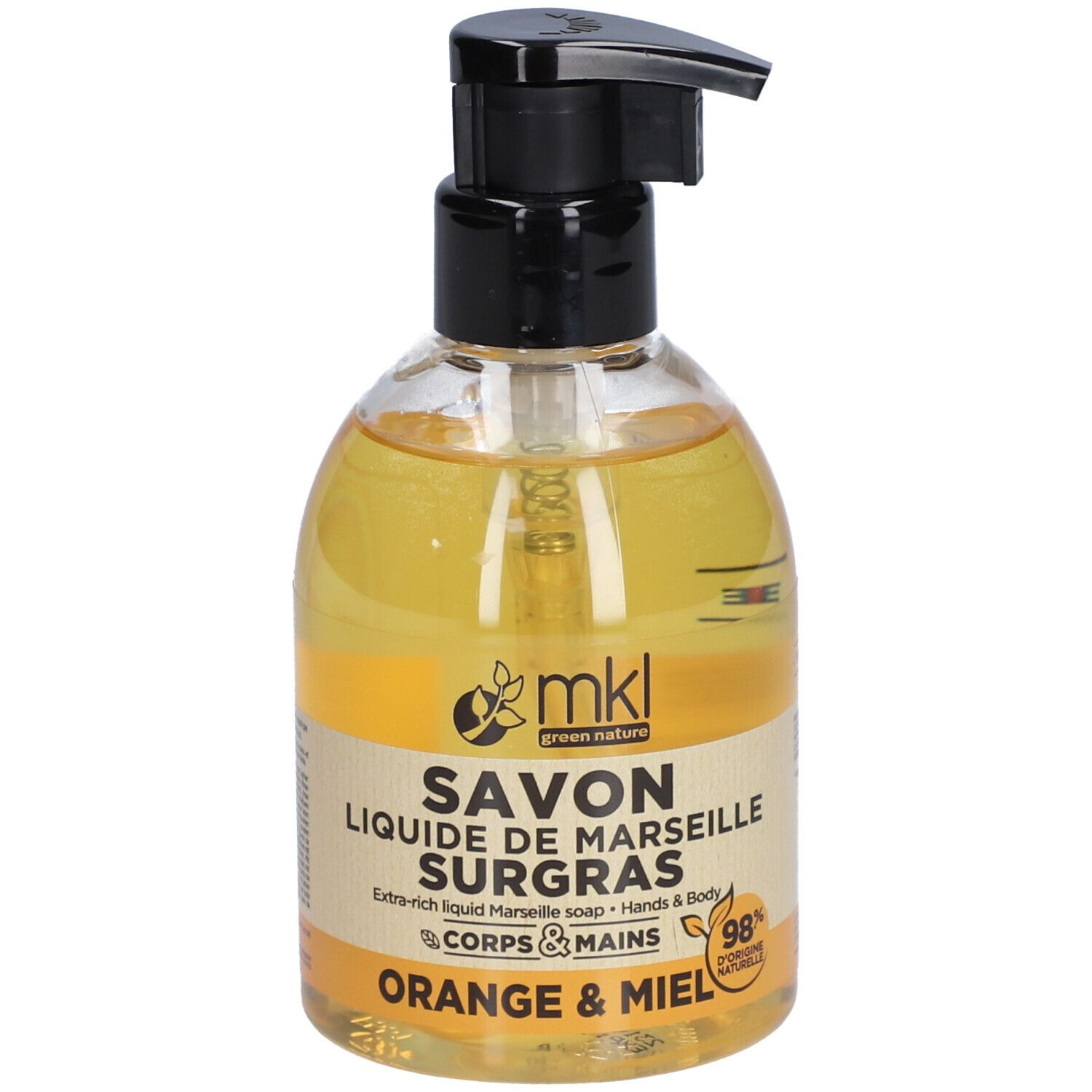 Savon liquide dans un flacon transparent avec pompe noire. Inscription : Savon Liquide de Marseille Surgras Orange & Miel.