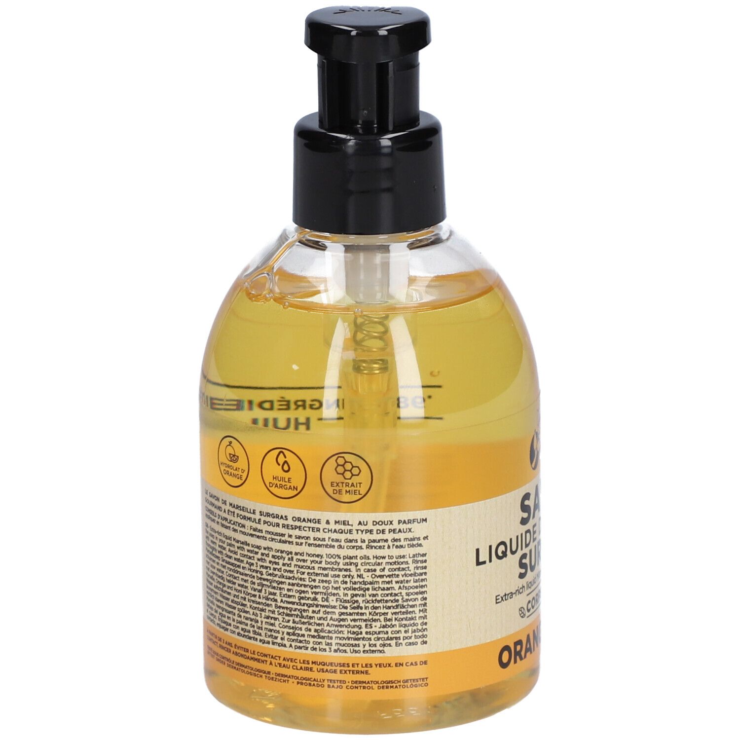 Flacon transparent avec liquide jaune et pompe noire. Texte : Ingrédients, Extrait de miel, Savon Liquide de Marseille.
