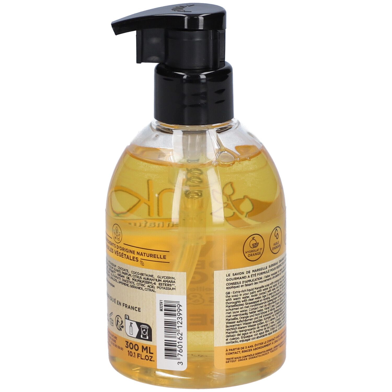 Dos d'un flacon transparent avec liquide jaune. Texte : 300 ml, 10.1 fl.oz, Fabriqué en France, Ingrédients.