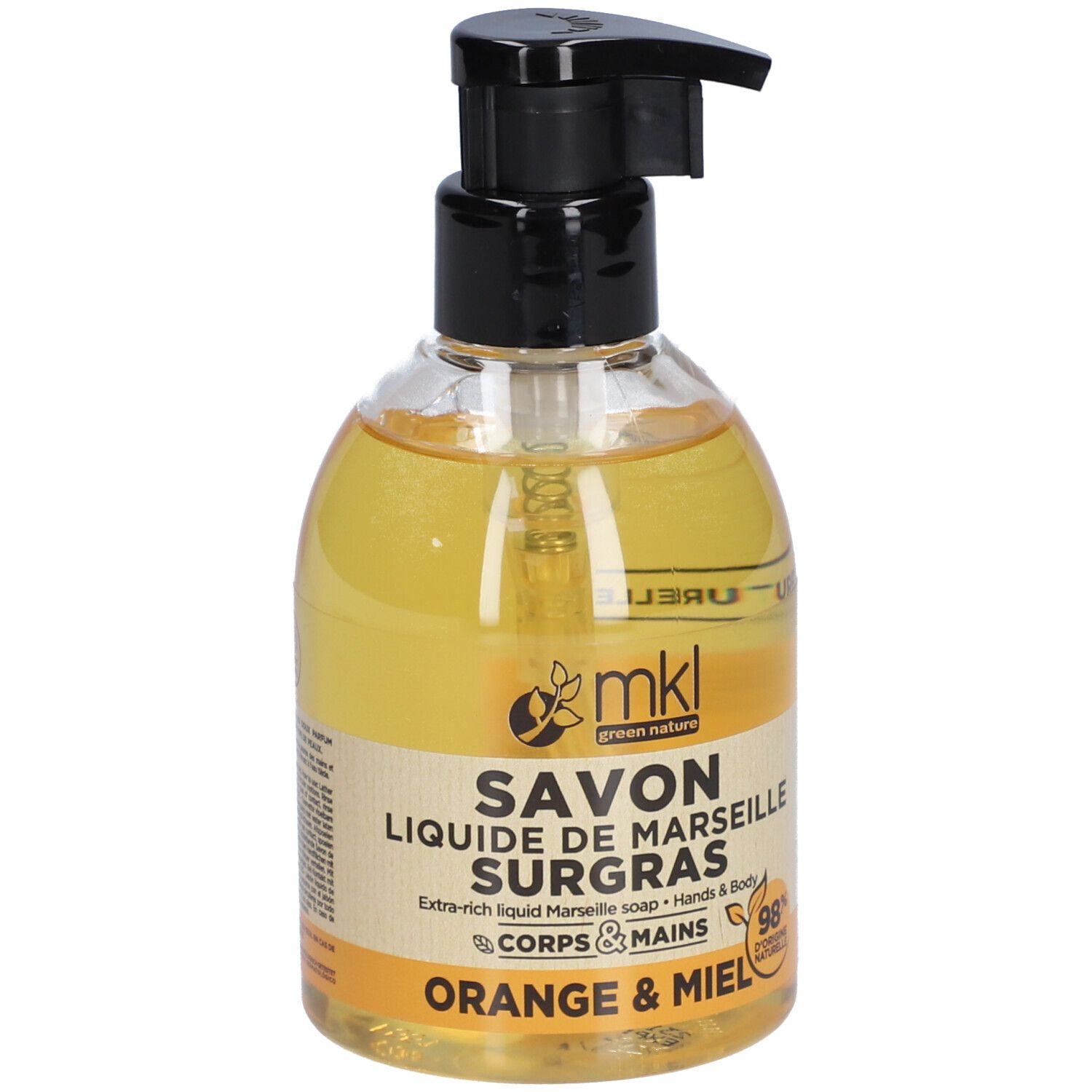 Savon liquide dans un flacon transparent avec pompe noire. Inscription : Savon Liquide de Marseille Surgras Orange & Miel.