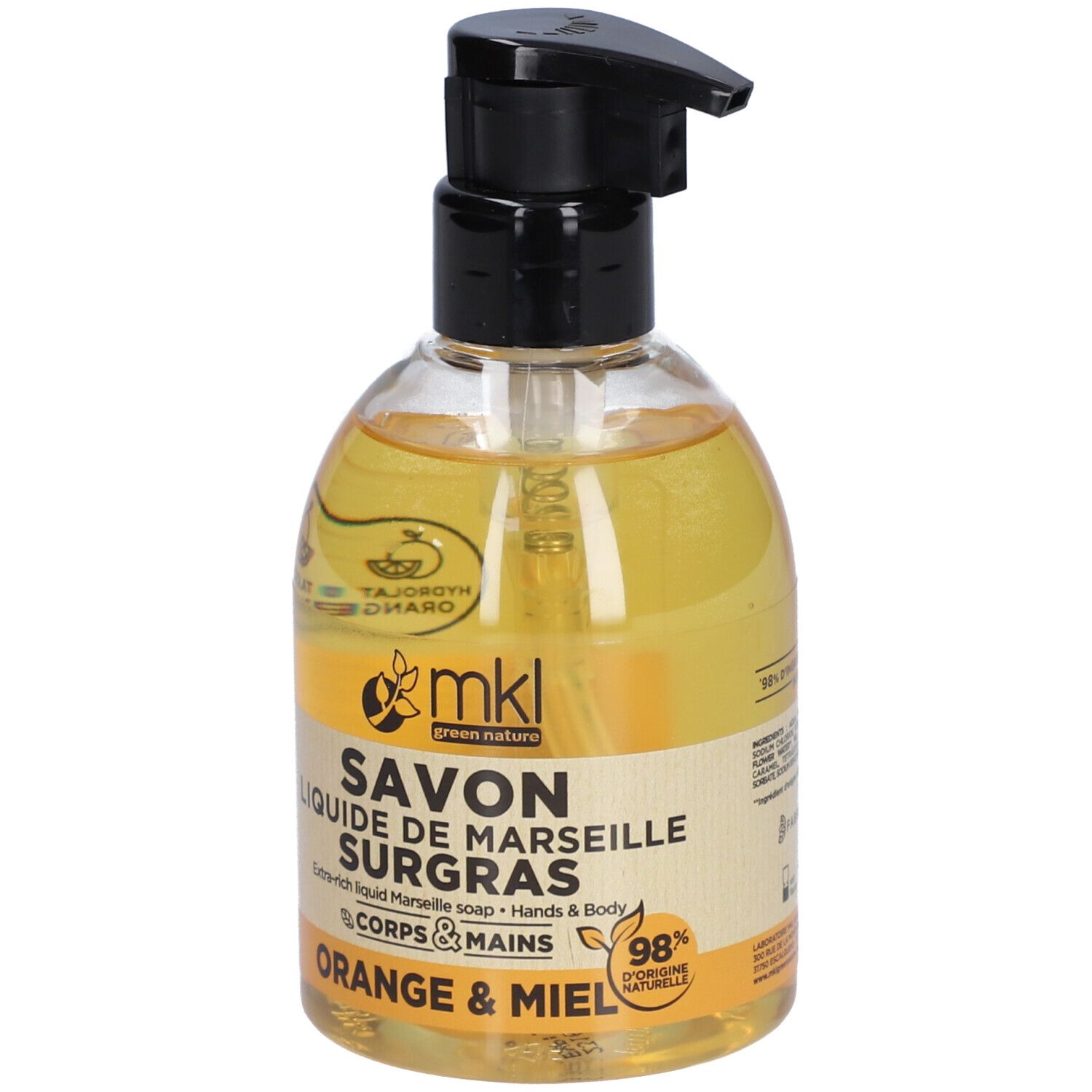 Savon liquide dans un flacon transparent avec pompe noire. Inscription : Savon Liquide de Marseille Surgras Orange & Miel.