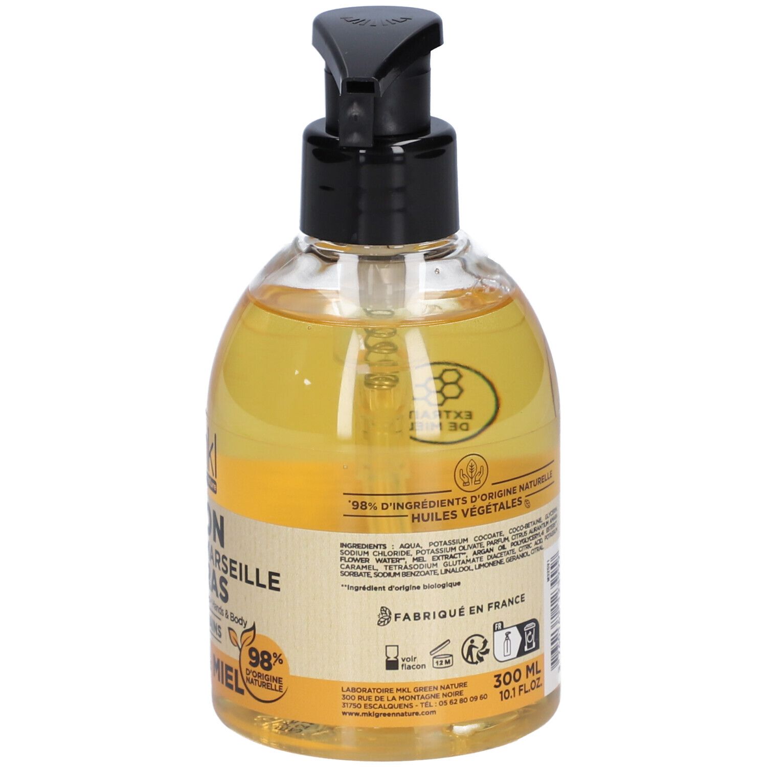 Flacon transparent avec liquide jaune et pompe noire. Texte : 300 ml, 10.1 fl.oz, 98% ingrédients d'origine naturelle.