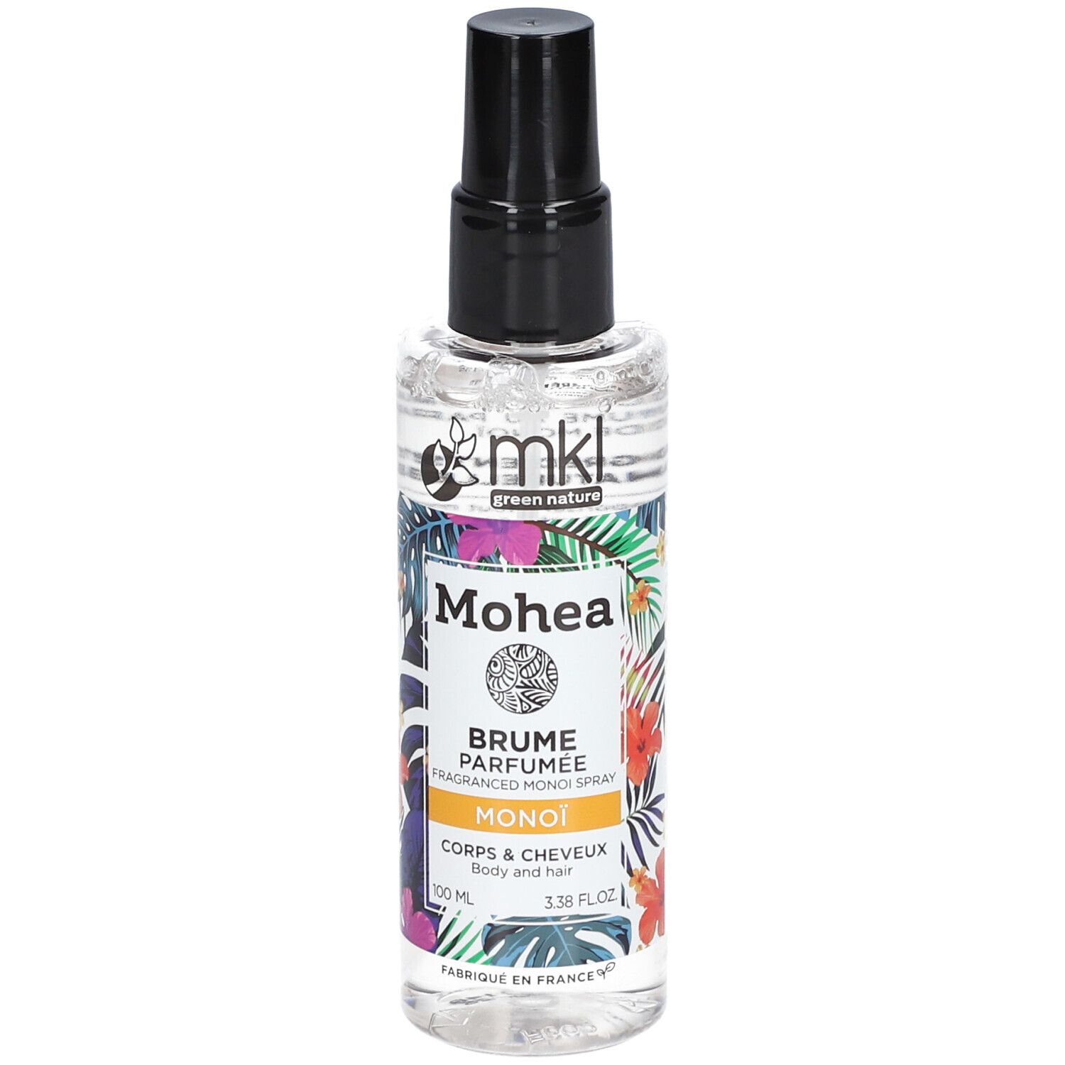 Klarer Flakon mit schwarzem Sprühkopf. Aufschrift: Mohea, Brume Parfumée, Monoï, Corps & Cheveux. Floral-Design.