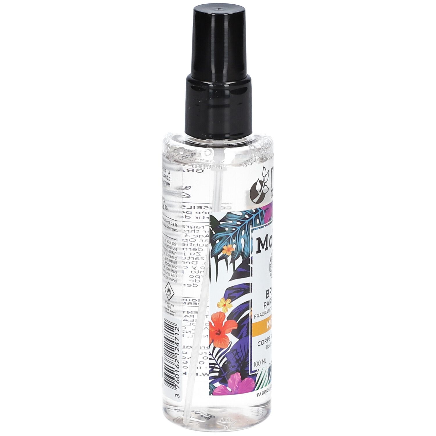 Transparenter Flakon mit schwarzem Sprühkopf. Aufdrucke und floralem Design. Rückseite mit Text und Barcode.