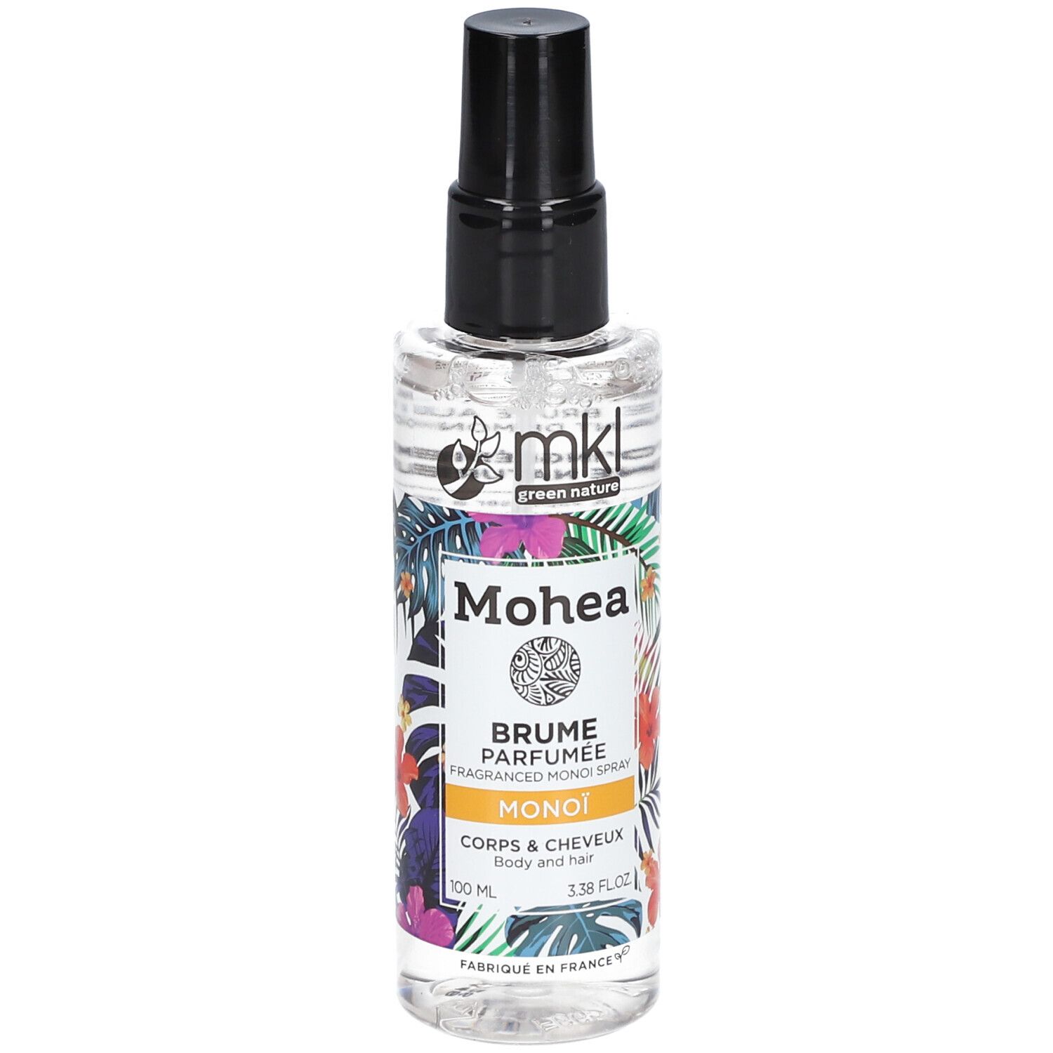 Klarer Flakon mit schwarzem Sprühkopf. Aufschrift: Mohea, Brume Parfumée, Monoï, Corps & Cheveux. Floral-Design.