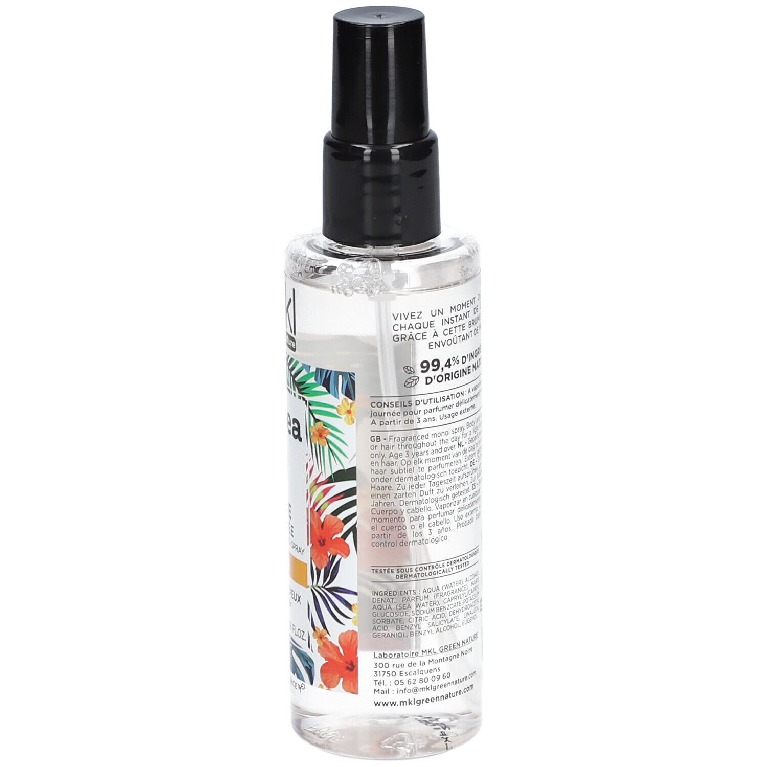 Transparenter Flakon mit schwarzem Sprühkopf. Rückseite mit Text, Inhaltsstoffen und Warnhinweisen. Floral-Design.