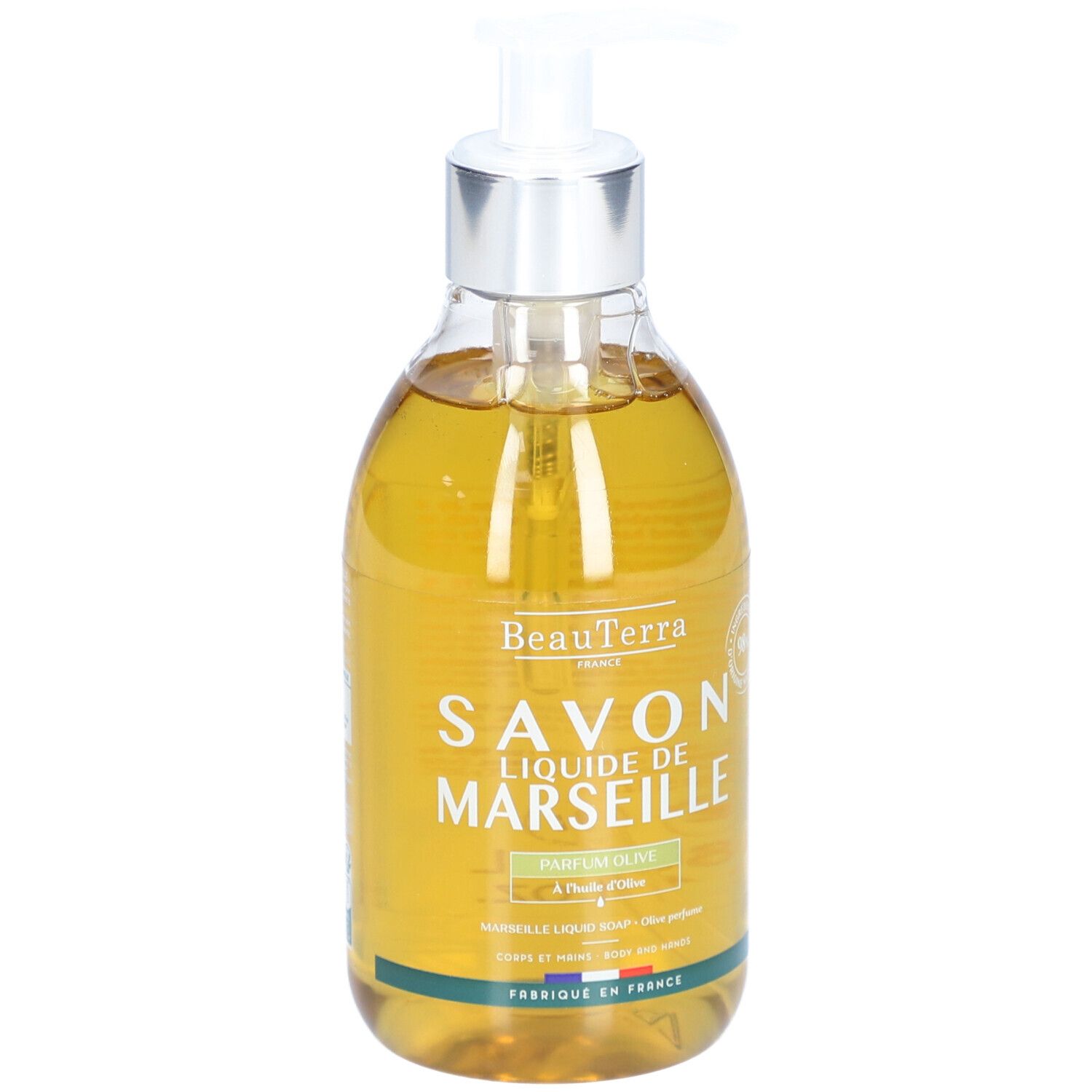 BeauTerra Flüssigseife aus Marseille - Olive in einer durchsichtigen Flasche mit Pumpspender.