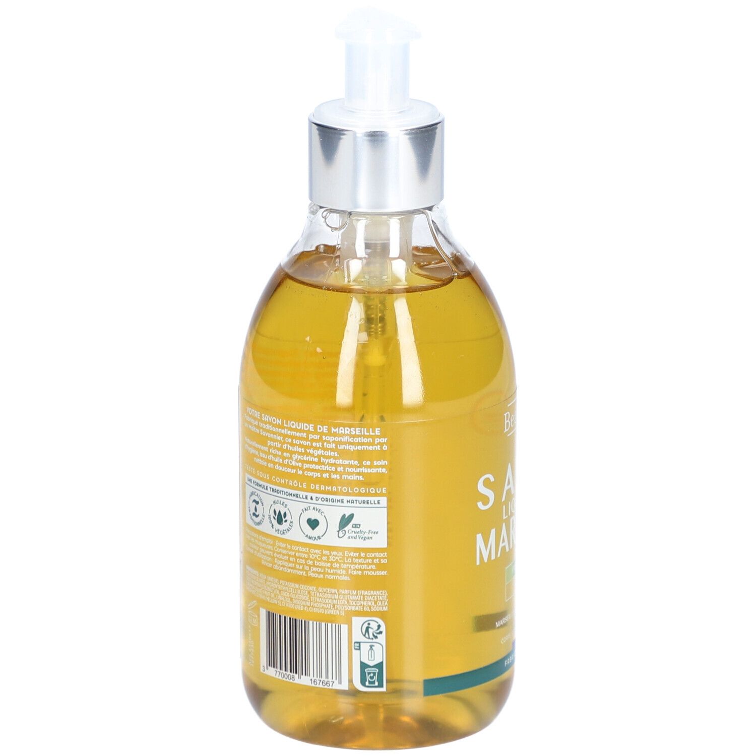 Rückseite der BeauTerra Flüssigseife aus Marseille - Olive Flasche mit Siegeln und Barcode.
